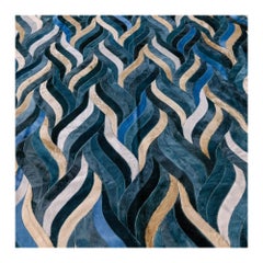 Tapis d'inspiration océanique personnalisable en cuir de vache bleu Onda XLarge