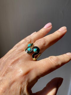 Handcrafted Yellow Gold Wave Band Ring with Turquoise Deco Style Trilogy