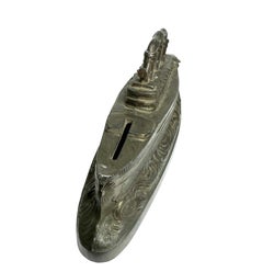 Ocean Liner Ship Souvenir Metal Money Box Piggy Bank, Vintage 1910s