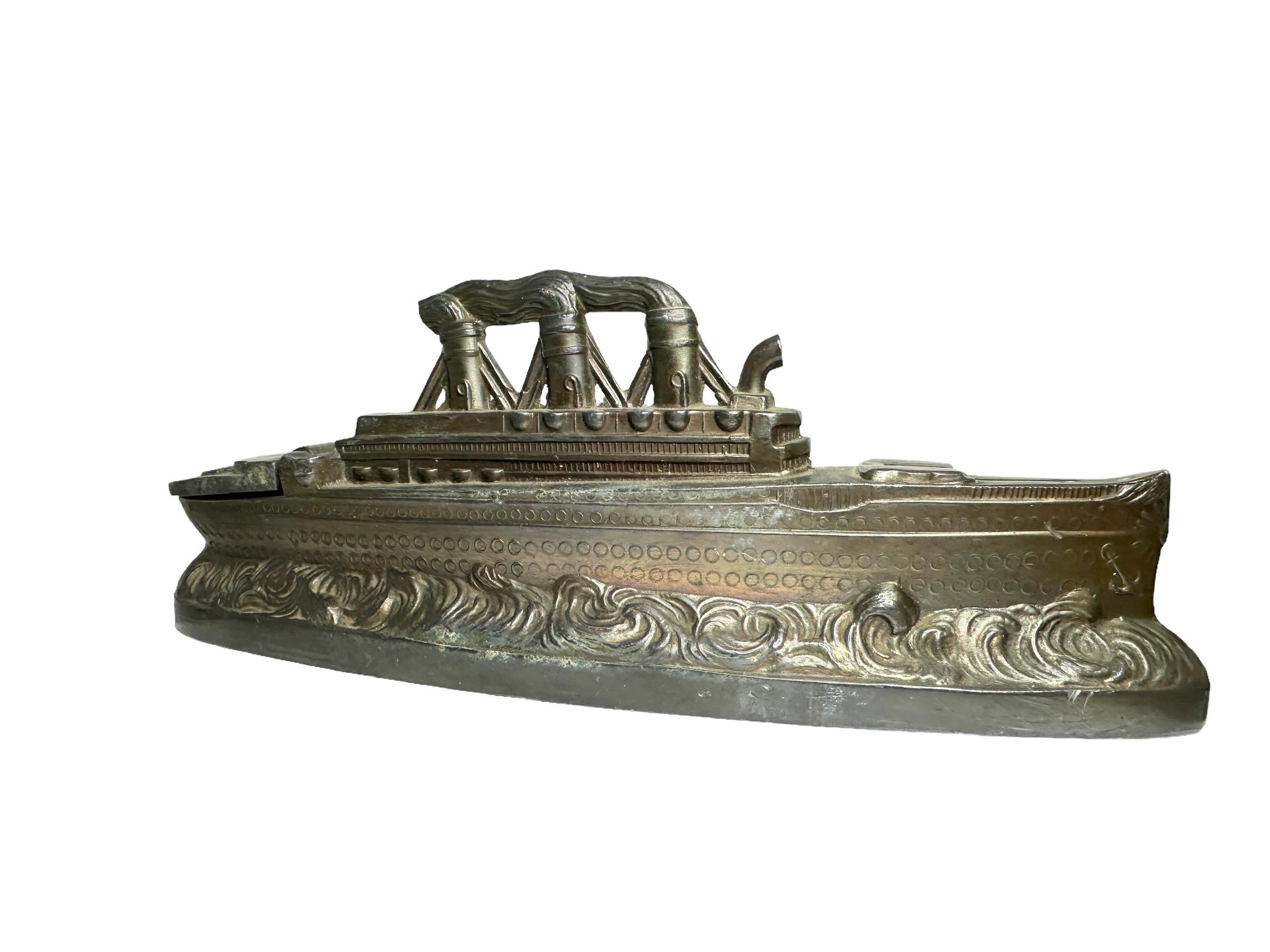 Art Nouveau Ocean Liner Ship Souvenir Metal Money Box Piggy Bank, Vintage 1910s For Sale