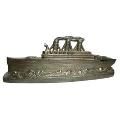 Ocean Liner Ship Souvenir Metal Money Box Piggy Bank, Antique 1910s
