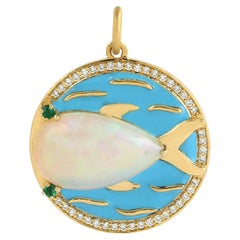 Ocean Themed Ethiopian Opal & Diamond Pendant Made In 14k Yellow Gold