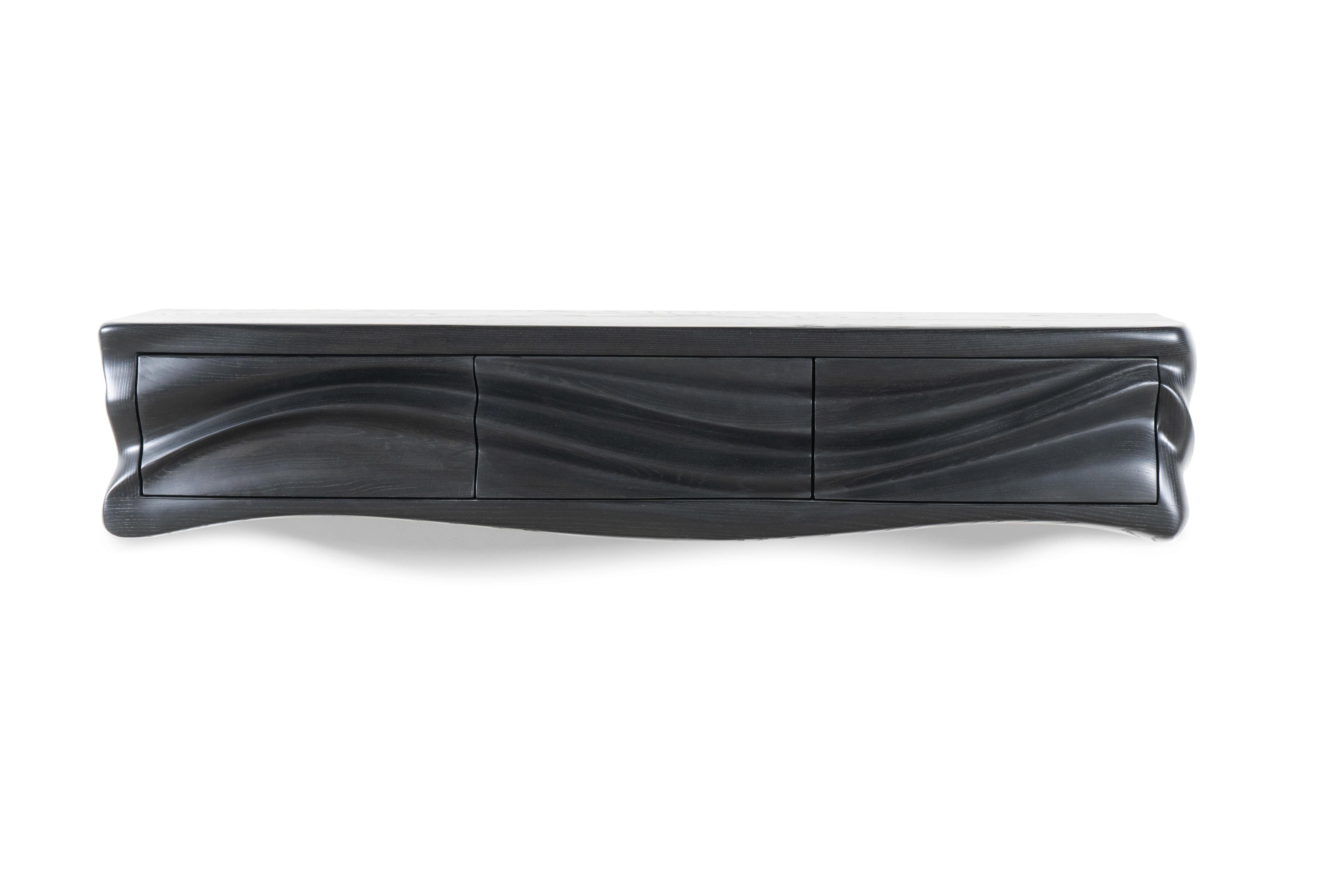 Organic Modern Ocean wall mounted cabinet in Ebony stain on Ash wood  For Sale