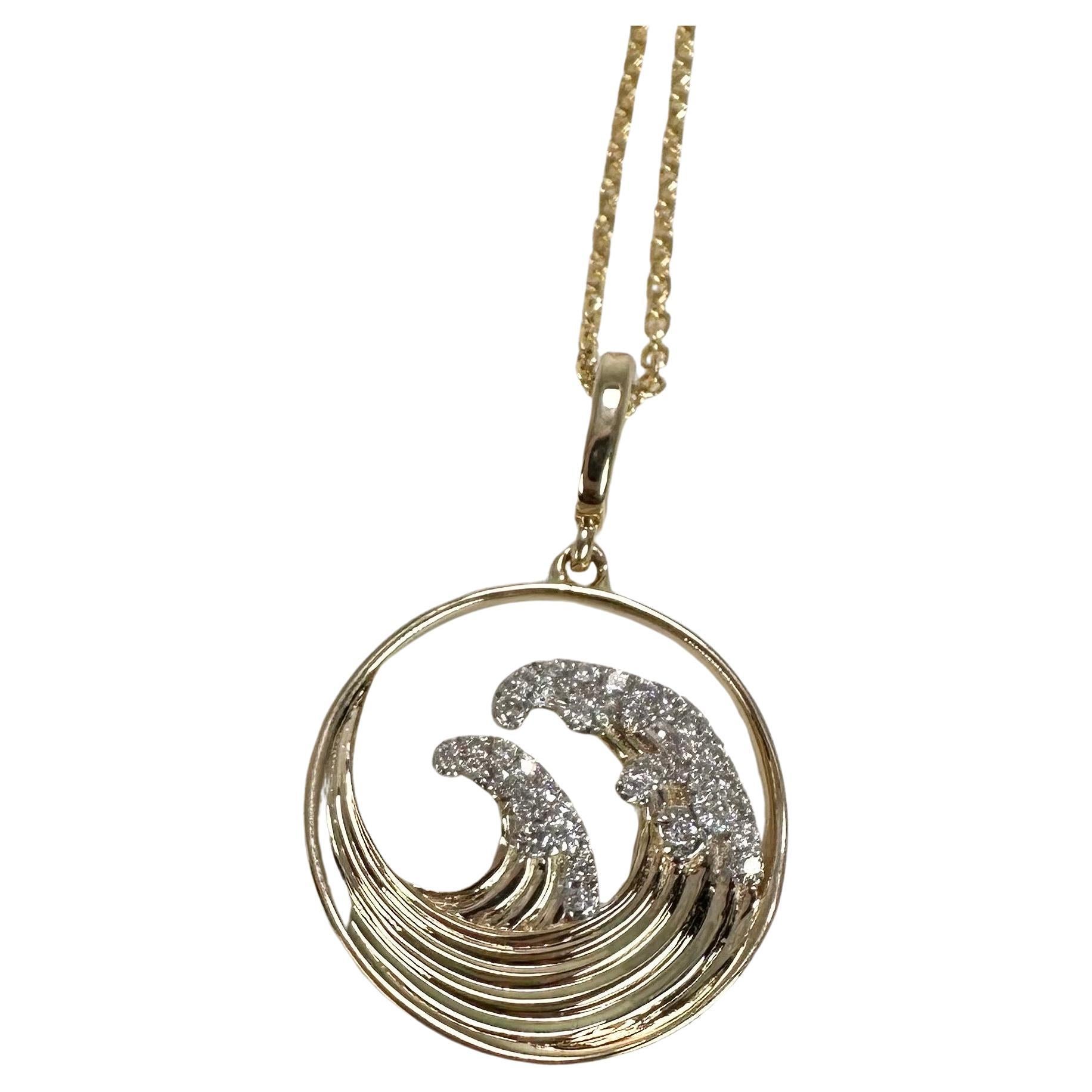 Ocean waves diamond pendant necklace 14KT gold For Sale