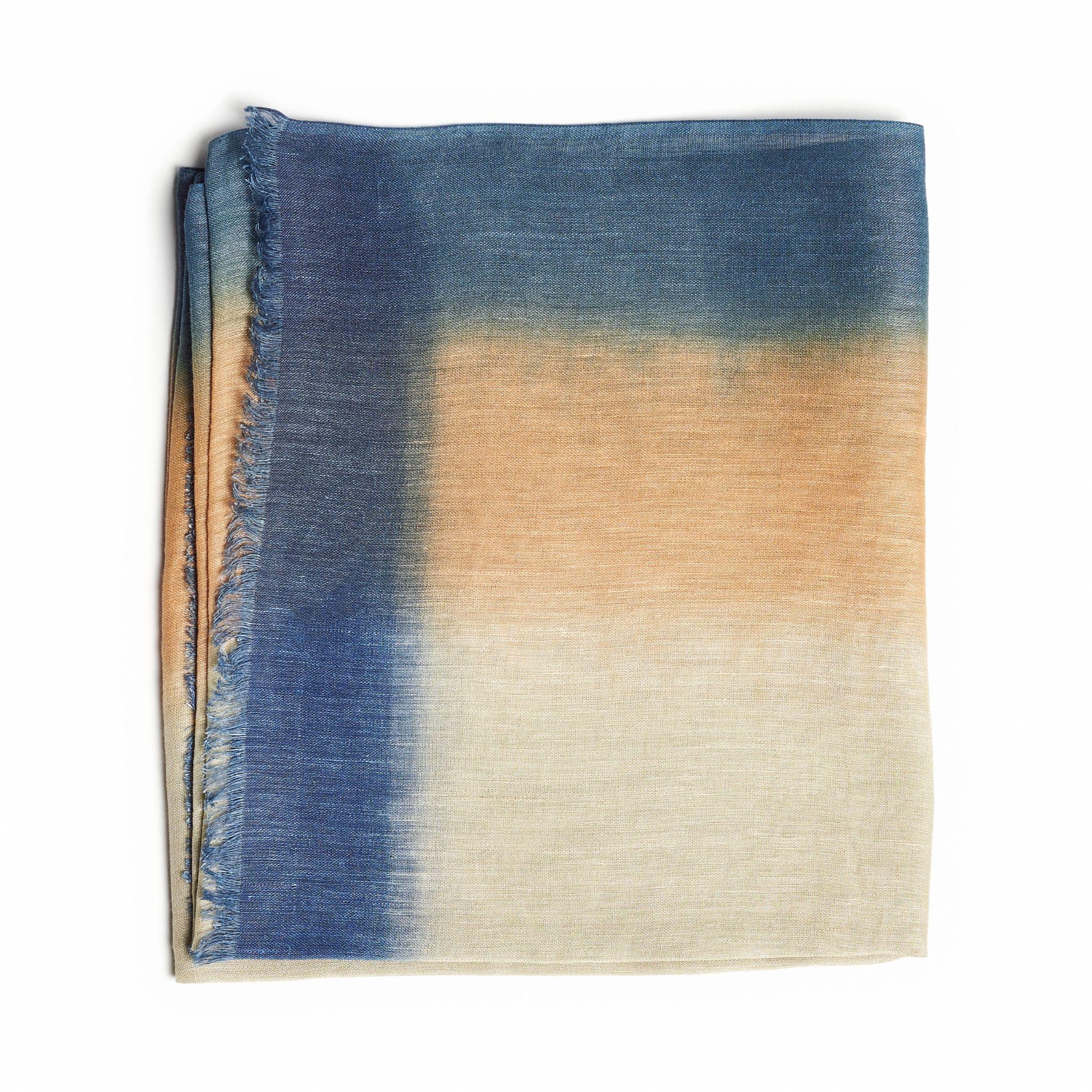 Women's or Men's Oceana Soft Linen Silk Blue Beige Classic Artisanal Handloom Scarf For Sale