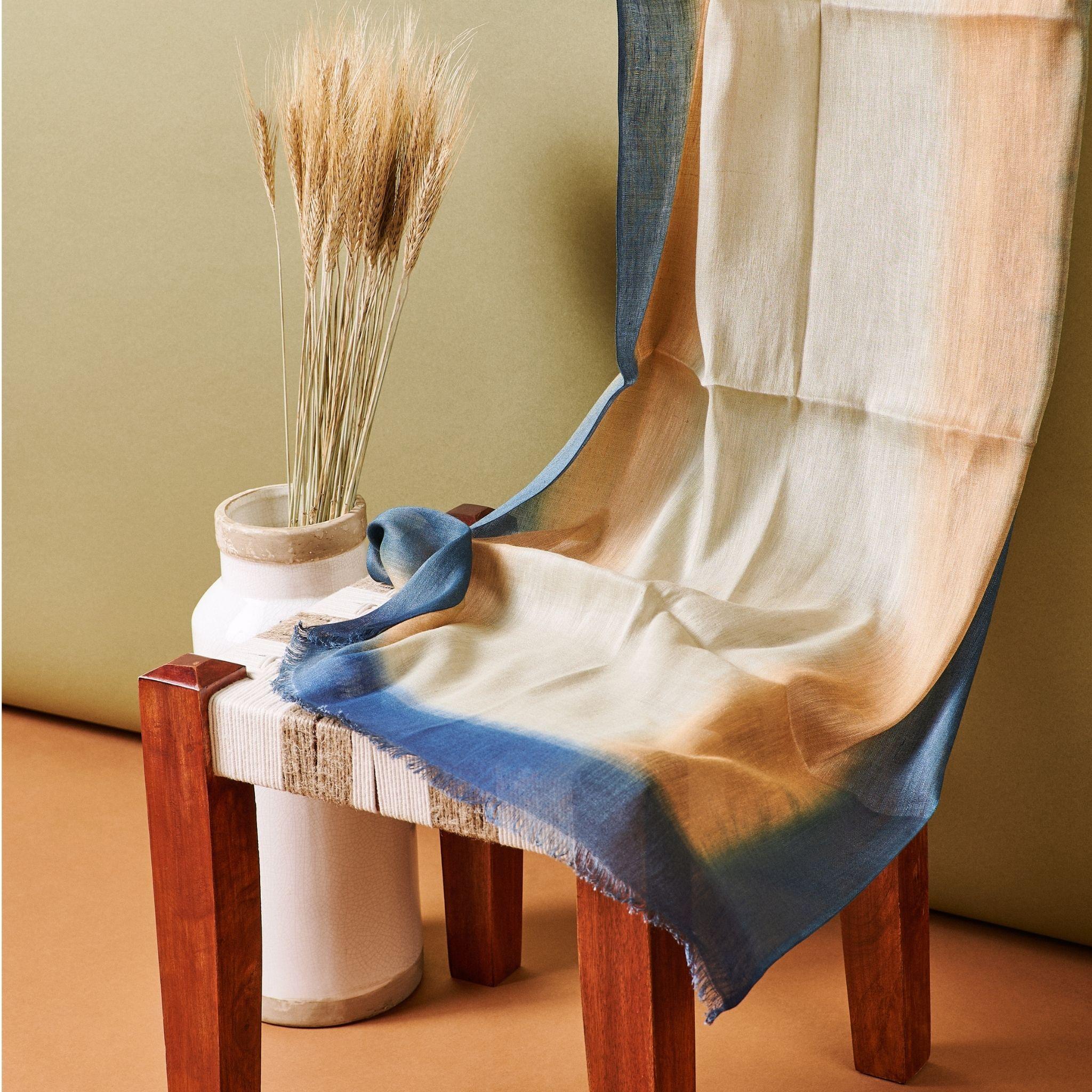 Oceana Soft Linen Silk Blue Beige Classic Artisanal Handloom Scarf For Sale 1