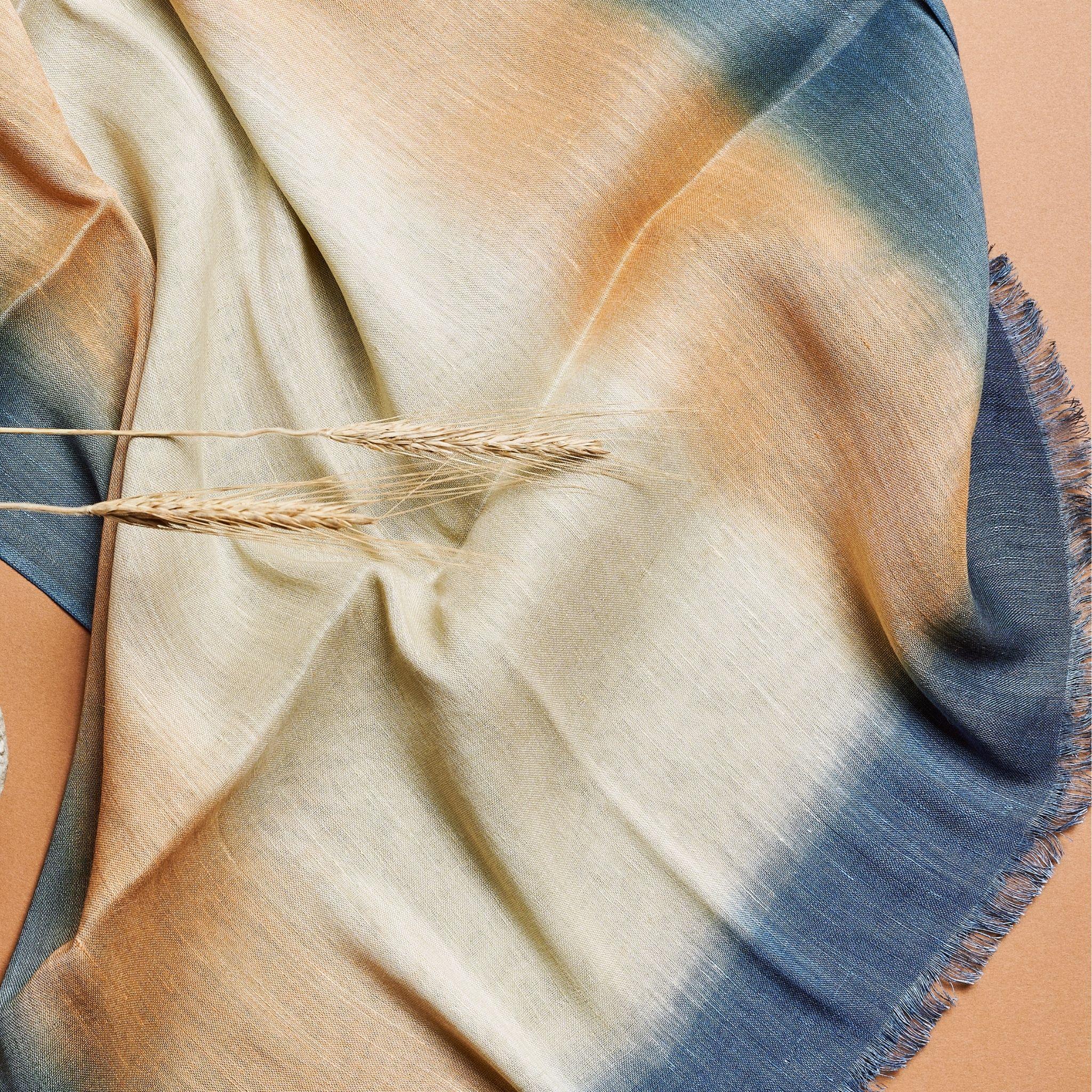 Oceana Soft Linen Silk Blue Beige Classic Artisanal Handloom Scarf For Sale 3
