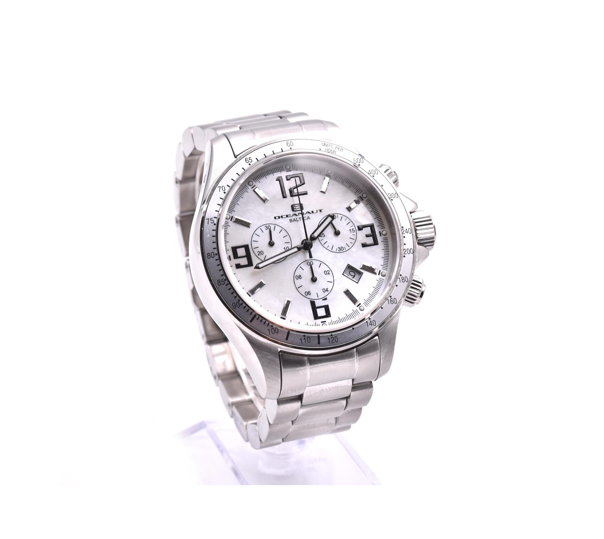 Movement: quartz
Function: hours, minutes, small seconds, day, date, tachymeter, chronograph
Case: 42mm stainless steel case, sapphire crystal
Band: stainless steel with fold clasp
Dial: black with luminescent hands and hour markers
Reference #: