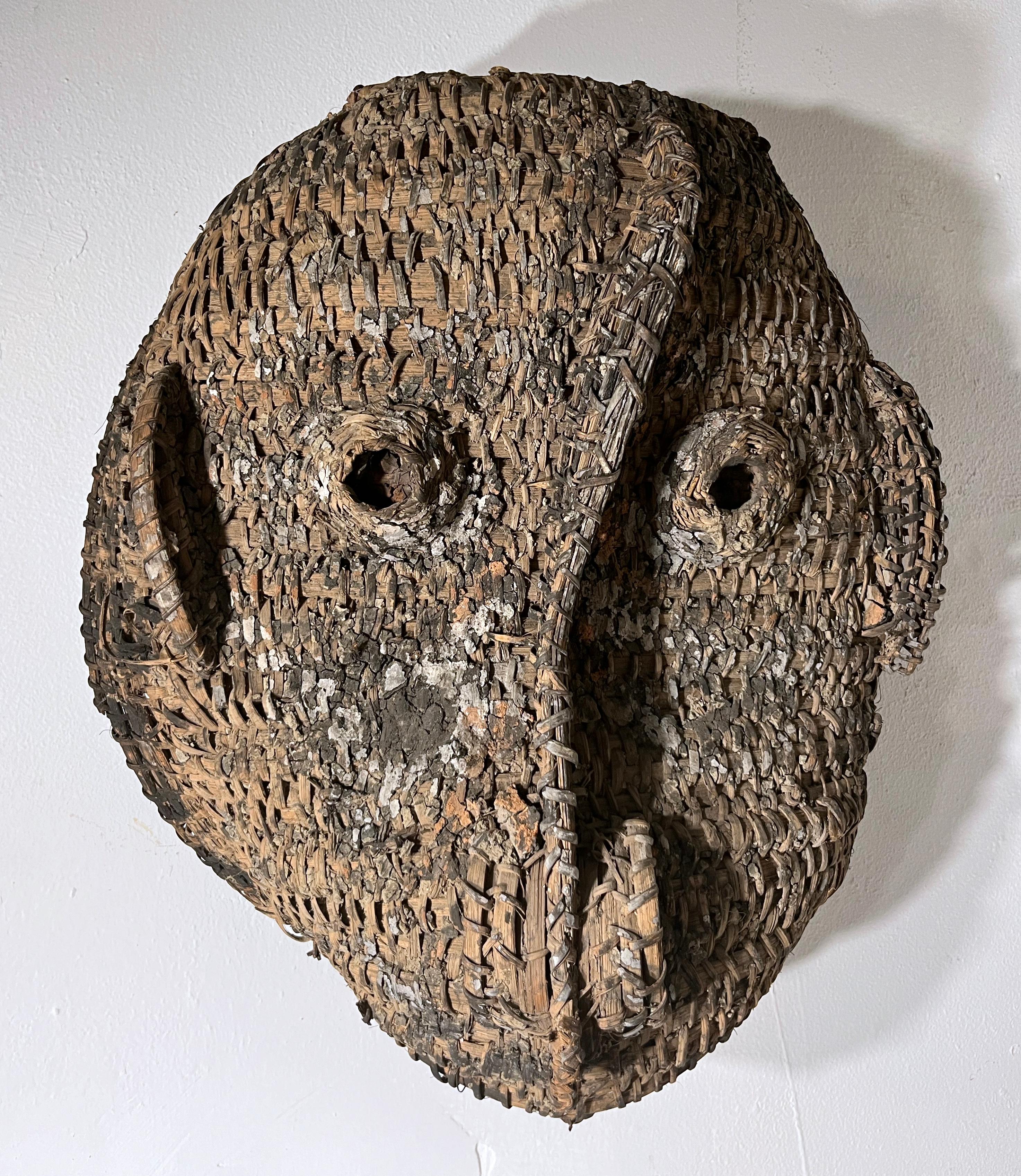 Maschera cerimoniale dell'Oceania fatta di fibre vegetali ricoperte di argilla colorata in alcune parti, probabilmente utilizzata per eventi cerimoniali.
La forma organica e strana è ben nota in queste arti popolari dell'Oceania.

