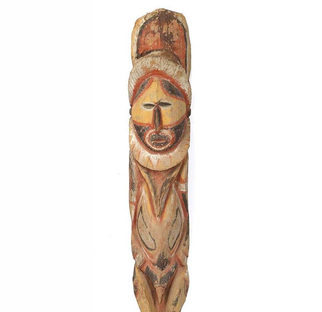 A fine Ambelam figure
Mapric river Papua new Guinea
Carved wood with yellow, red, white and black paint, carved schematically, 95 cm high,
Provenance: Ex collection of Mrs Douglas Carnegie,
Acquired Christie's South Kensington,
Tribal Art, 7 March