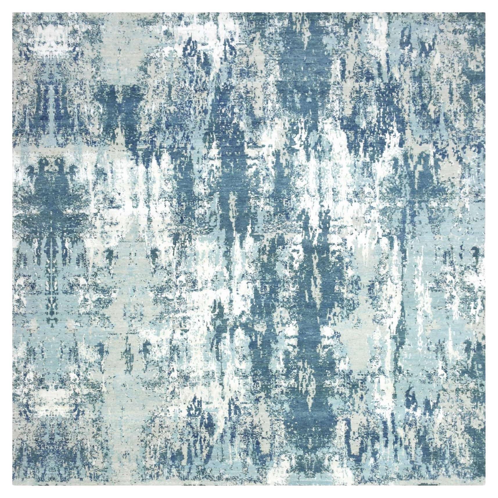 Oceanic Blue Abstract Design Pure Silk and Wool Hand Knotted Square Oriental Rug