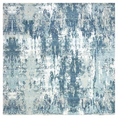 Oceanic Blue Abstract Design Pure Silk and Wool Hand Knotted Square Oriental Rug