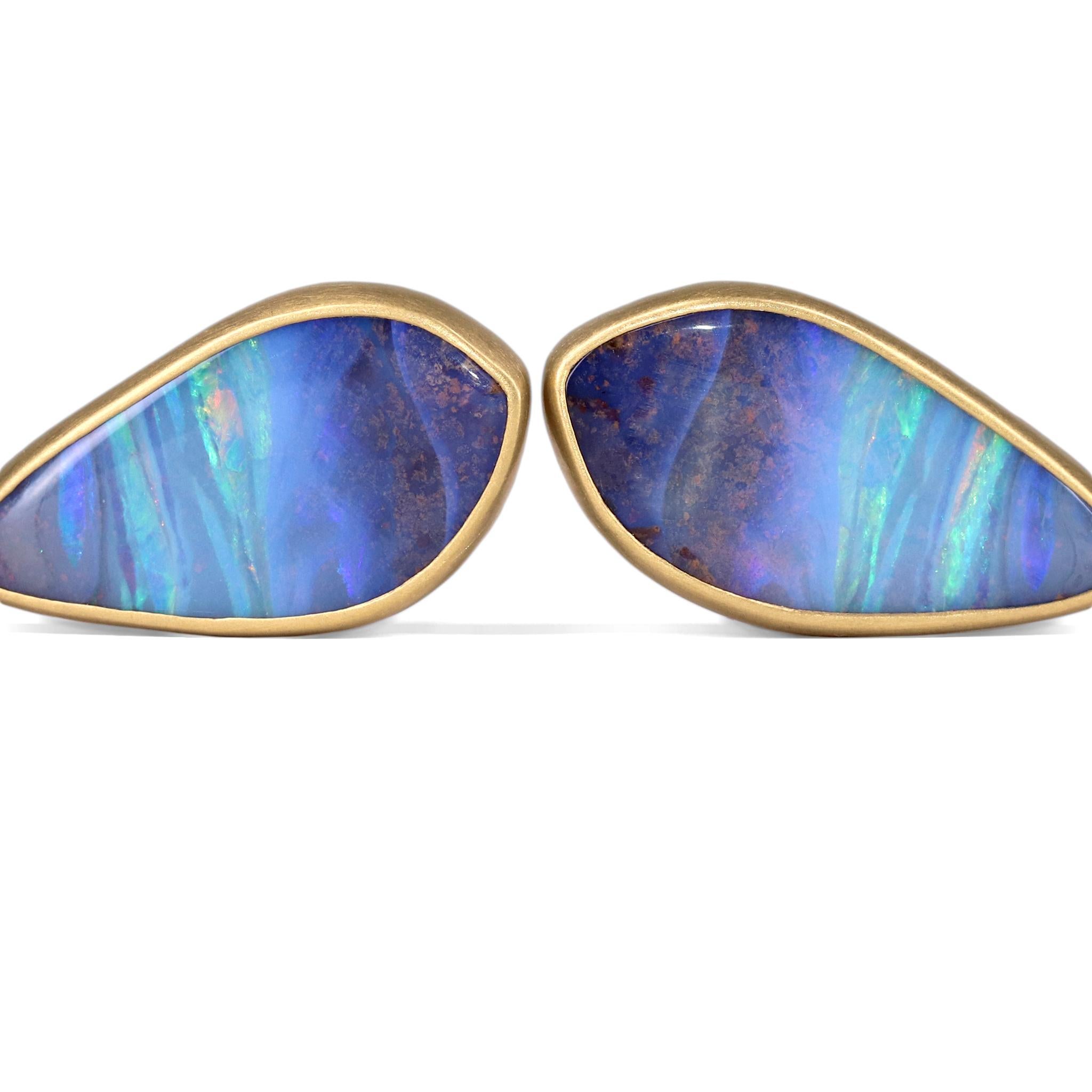 One of a Kind Earrings hot off the bench from award-winning maker Lola Brooks, hand-fabricated in 22k yellow gold showcasing a spectacular, fiery pair of oceanic boulder opal totaling 13.98carats, bezel-set beneath a matched pair of Columbian