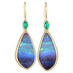 Oceanic Boulder Opal Colombian Emerald 22k Gold Drop Earrings, Lola Brooks, 2022