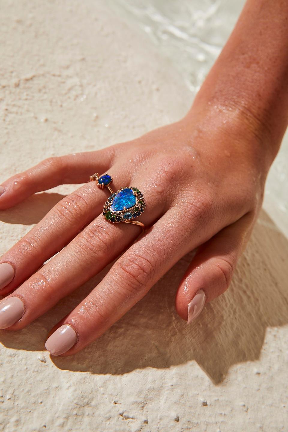 Modern Oceanic Ring in Rose Gold with Blue Opal and White Diamond For Sale