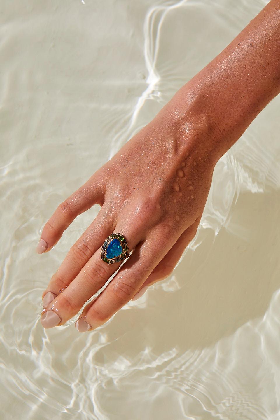 Brilliant Cut Oceanic Ring in Rose Gold with Blue Opal and White Diamond For Sale