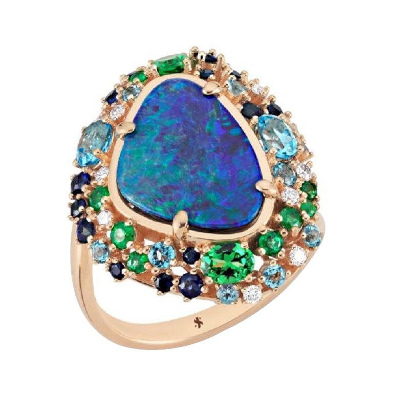 Oceanic Ring in Rose Gold with Blue Opal and White Diamond