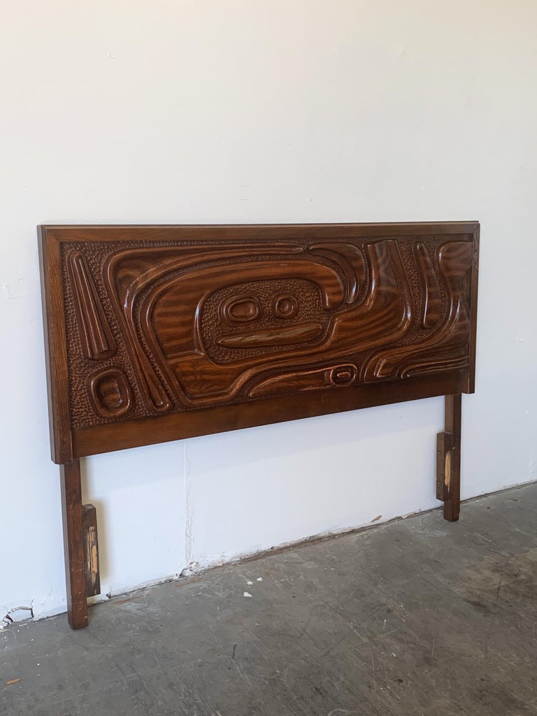 Oceanic Sculpted Walnut Headboard by Pulaski Furniture Co., circa 1969