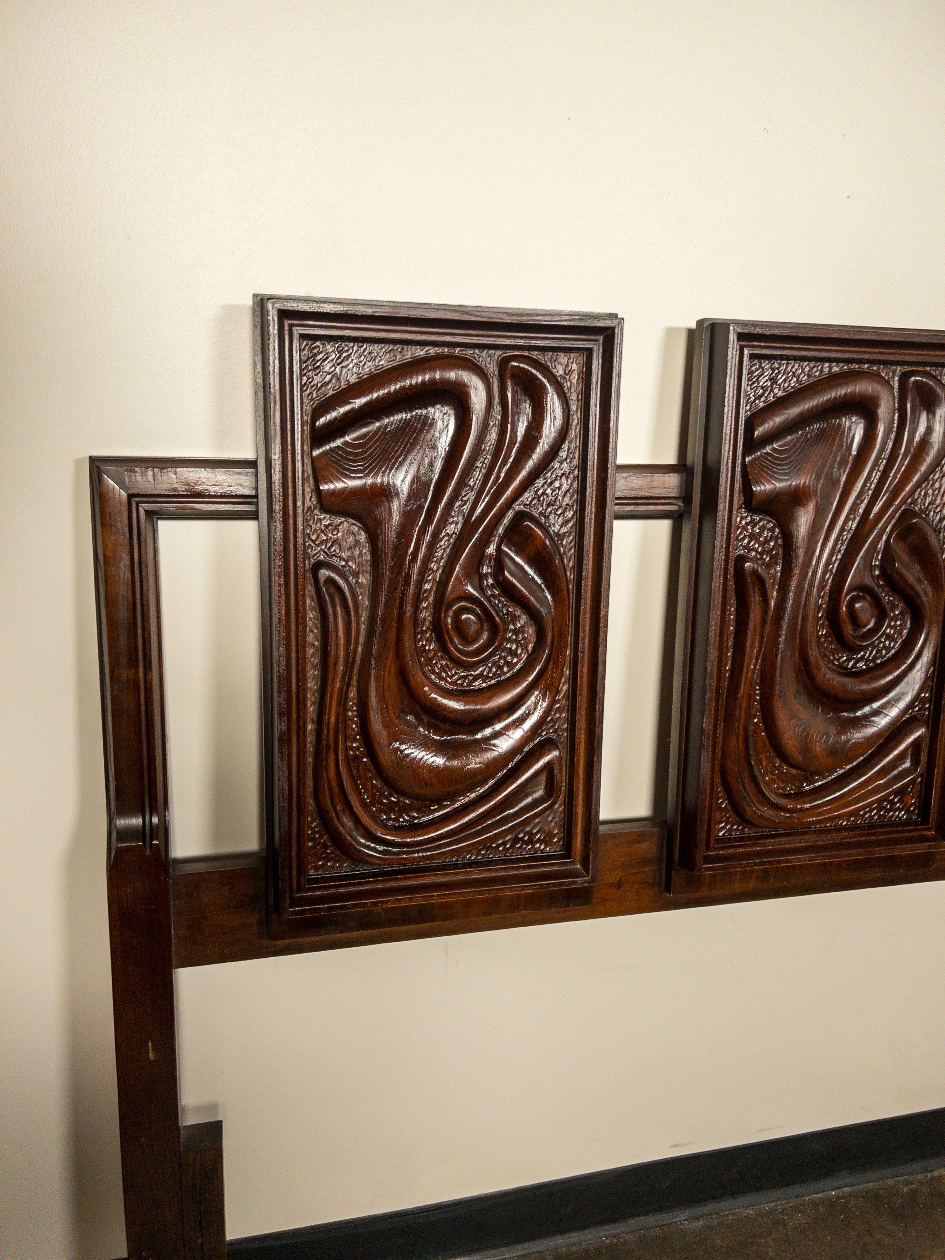 American Oceanic Sculpted Walnut Headboard by Pulaski Furniture Co., circa 1969