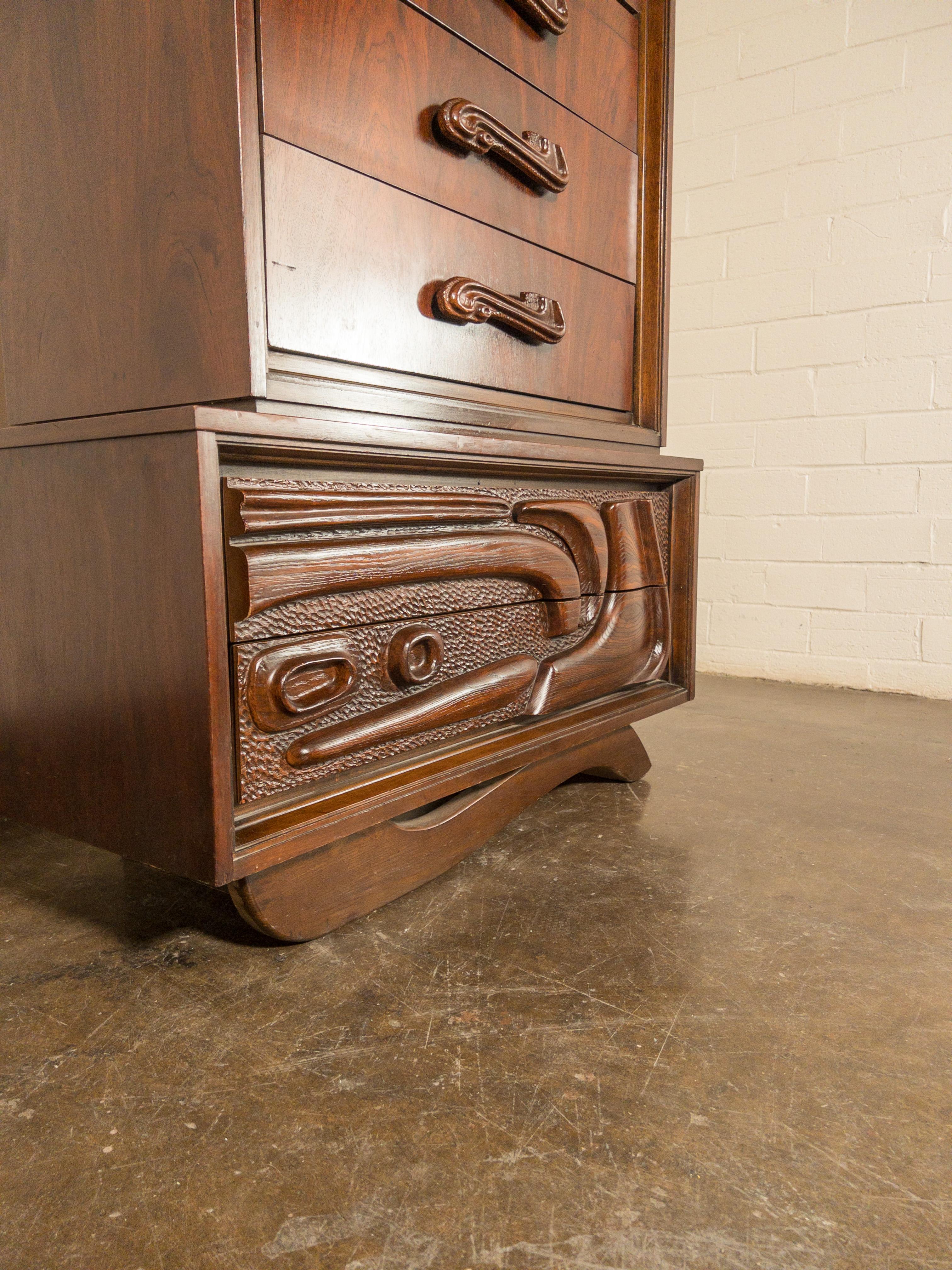 Formica Oceanic Sculpted Walnut Highboy Dresser by Pulaski Furniture Co., circa 1969