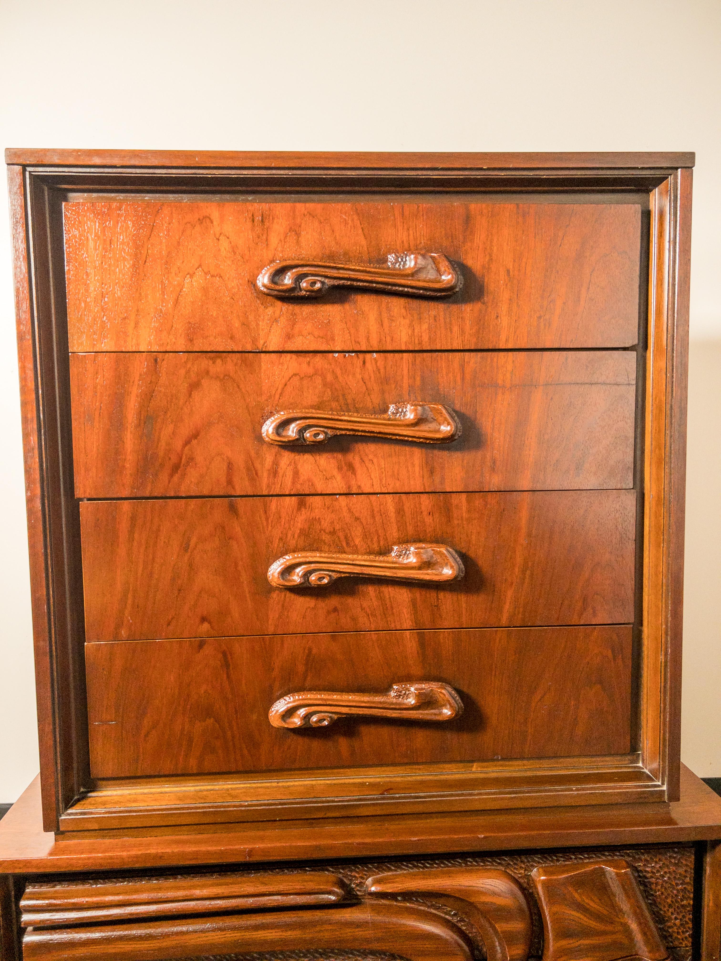 Oceanic Sculpted Walnut Highboy Dresser by Pulaski Furniture Co., circa 1969 2