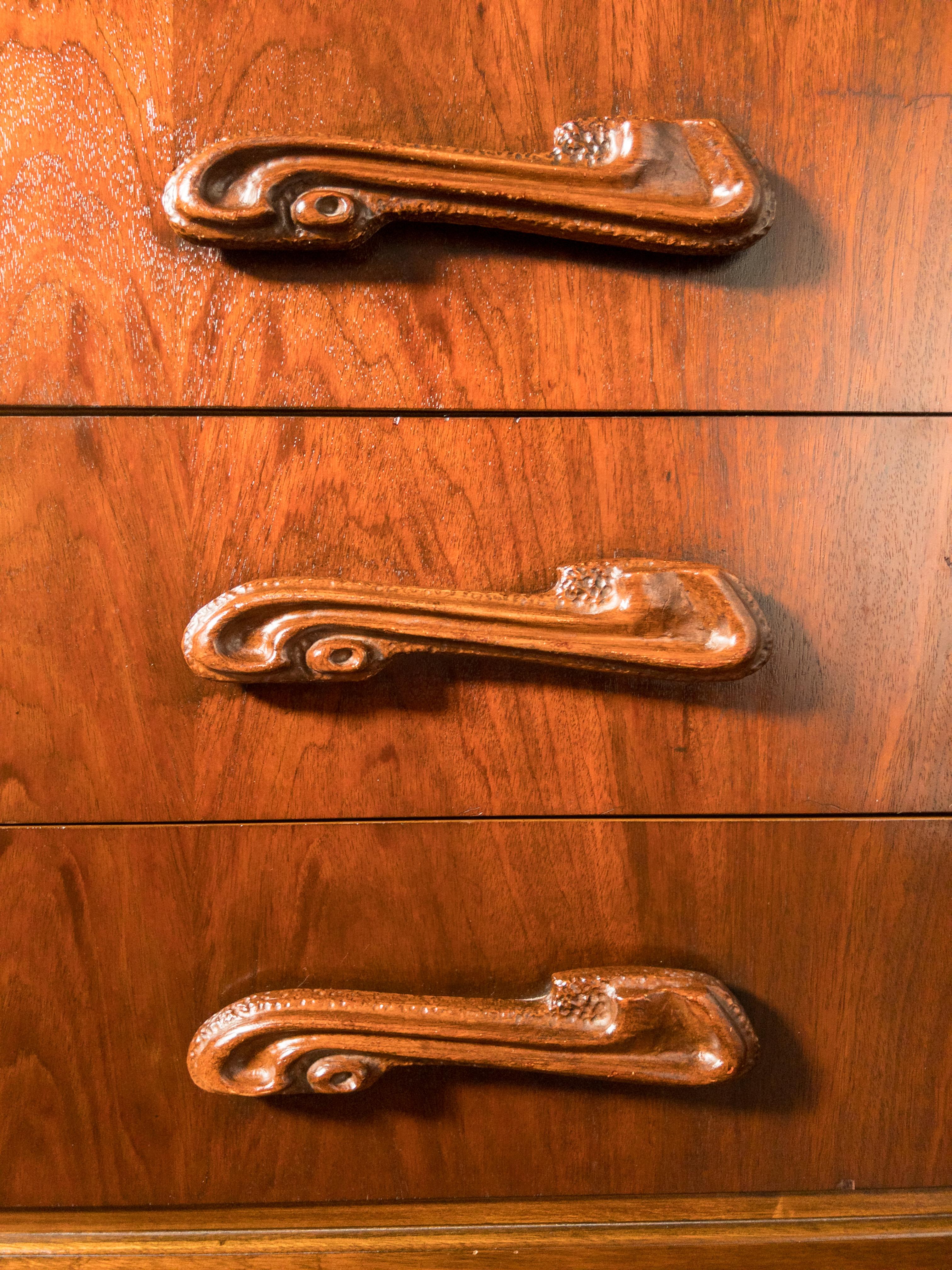 Oceanic Sculpted Walnut Highboy Dresser by Pulaski Furniture Co., circa 1969 3