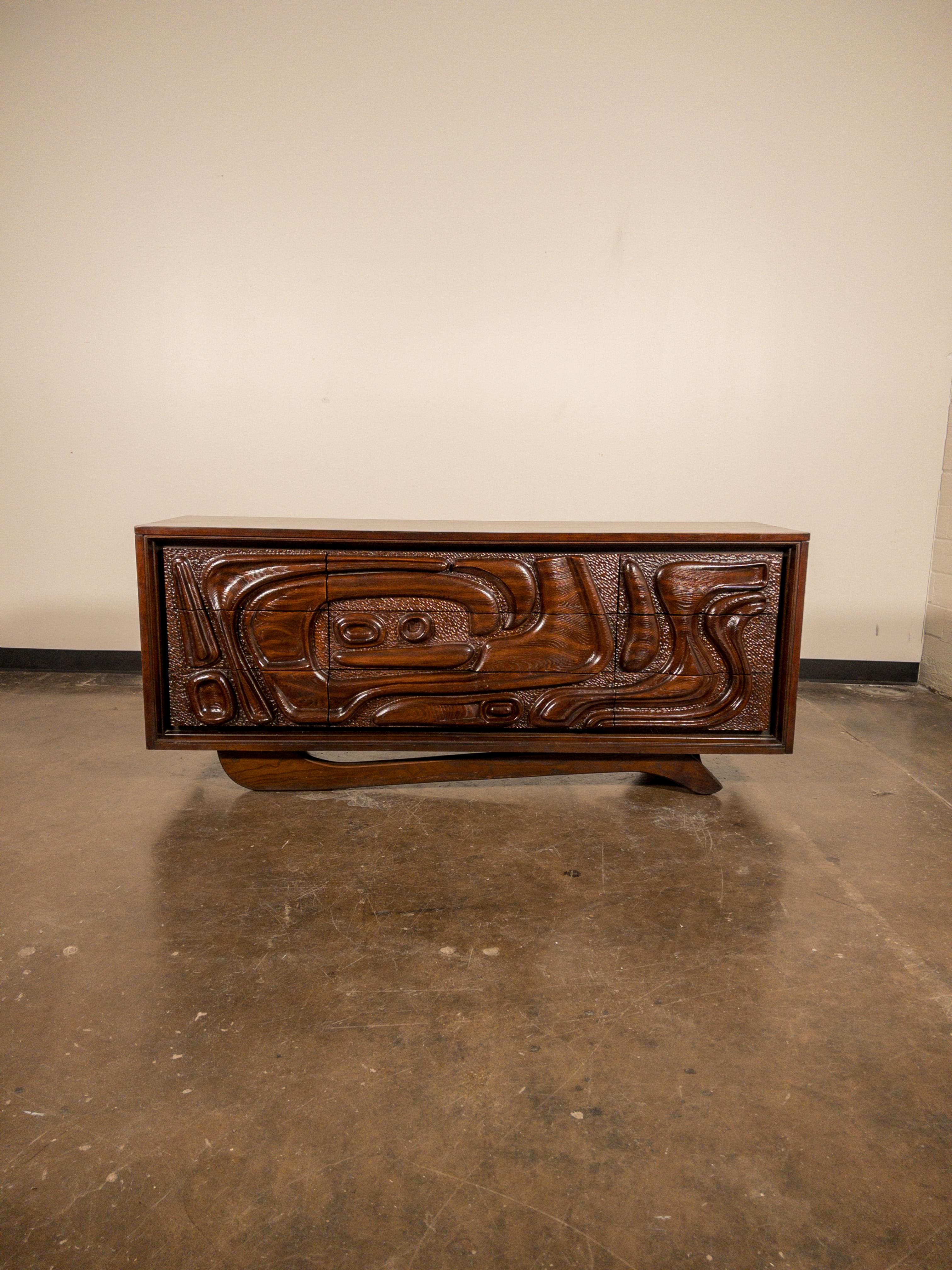 Oceanic Sculpted Walnut Highboy Dresser by Pulaski Furniture Co., circa 1969 5