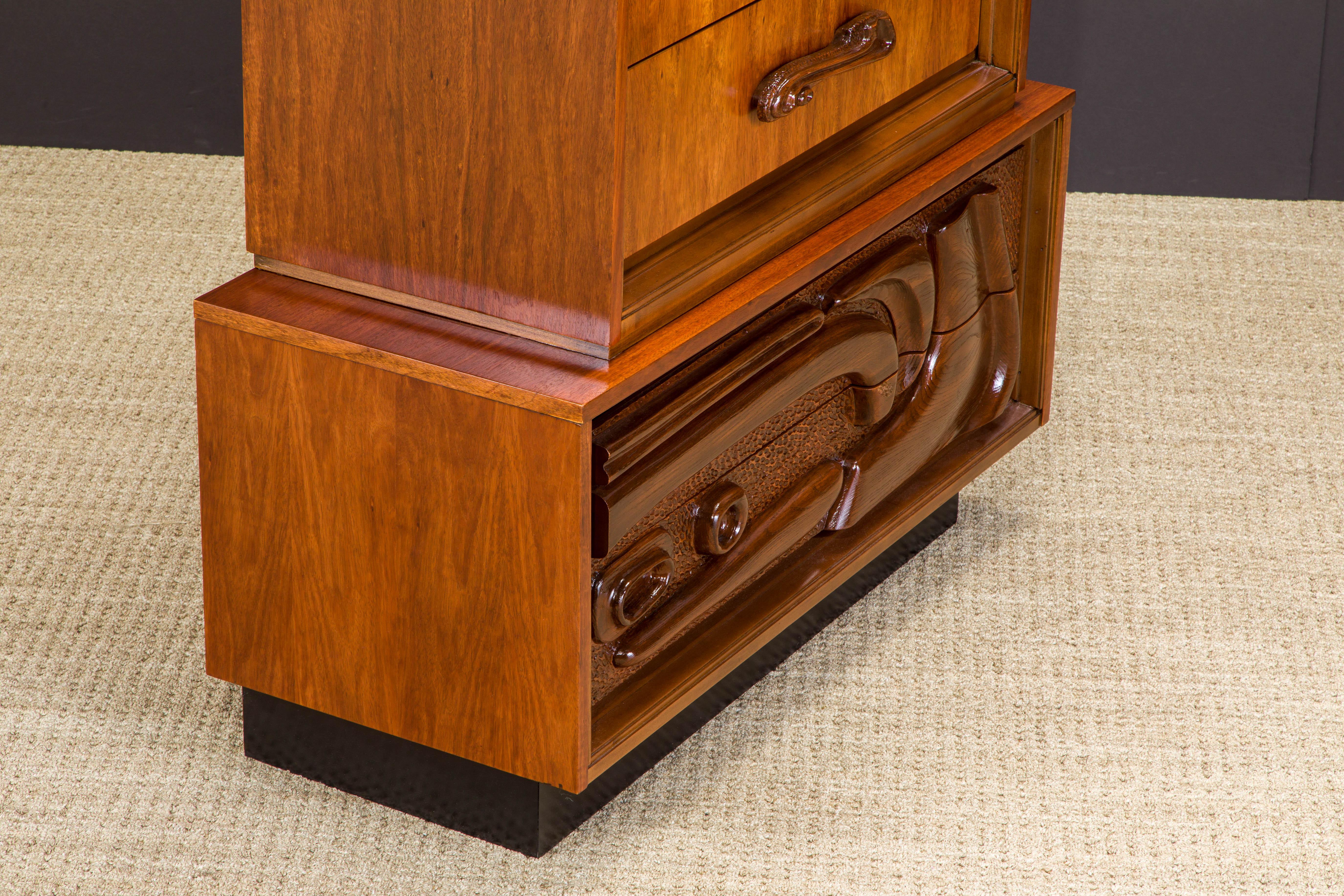 Lacquered Oceanic Sculpted Walnut Highboy Dresser by Pulaski Furniture Co., circa 1969 For Sale