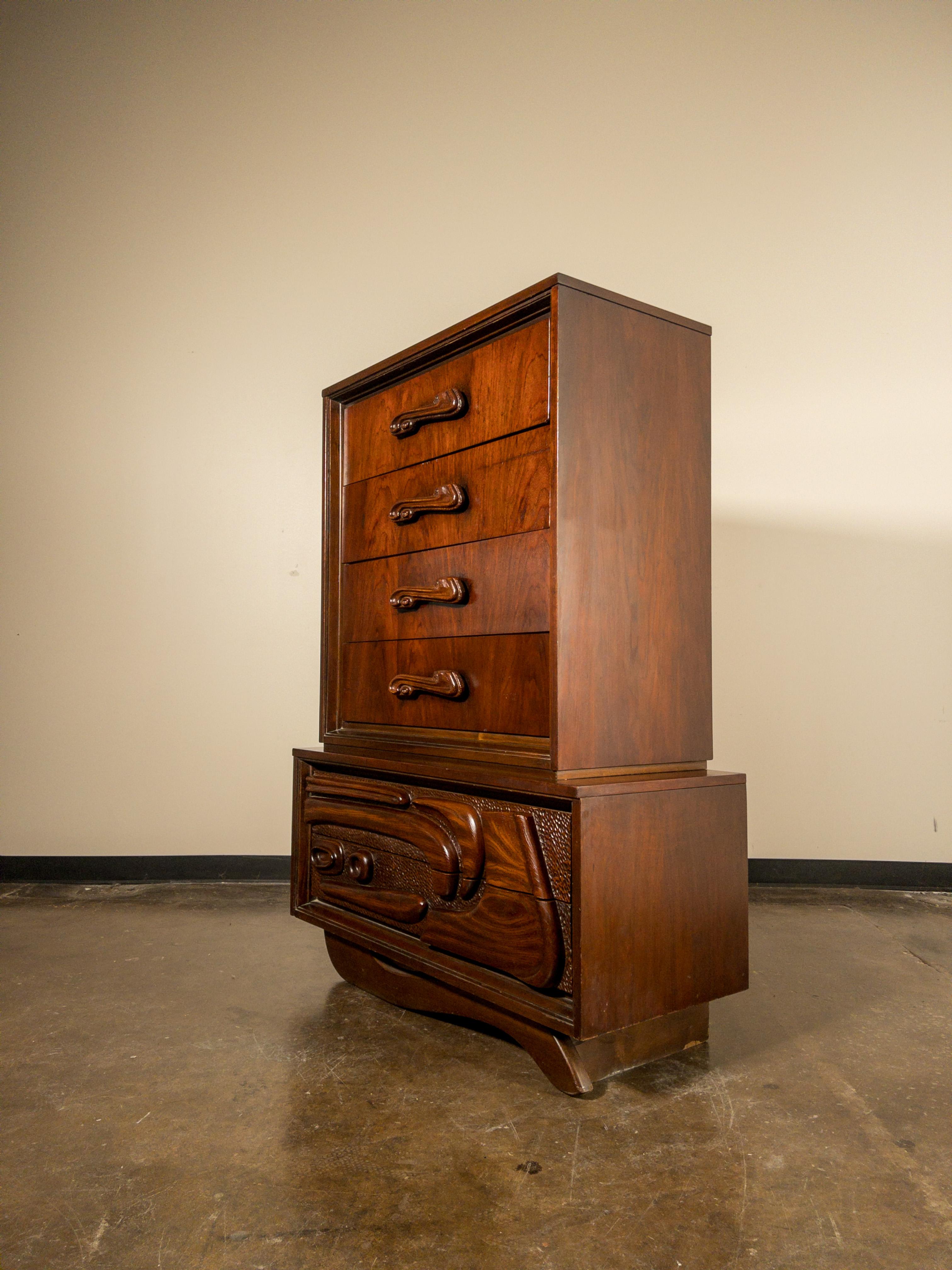 American Oceanic Sculpted Walnut Highboy Dresser by Pulaski Furniture Co., circa 1969