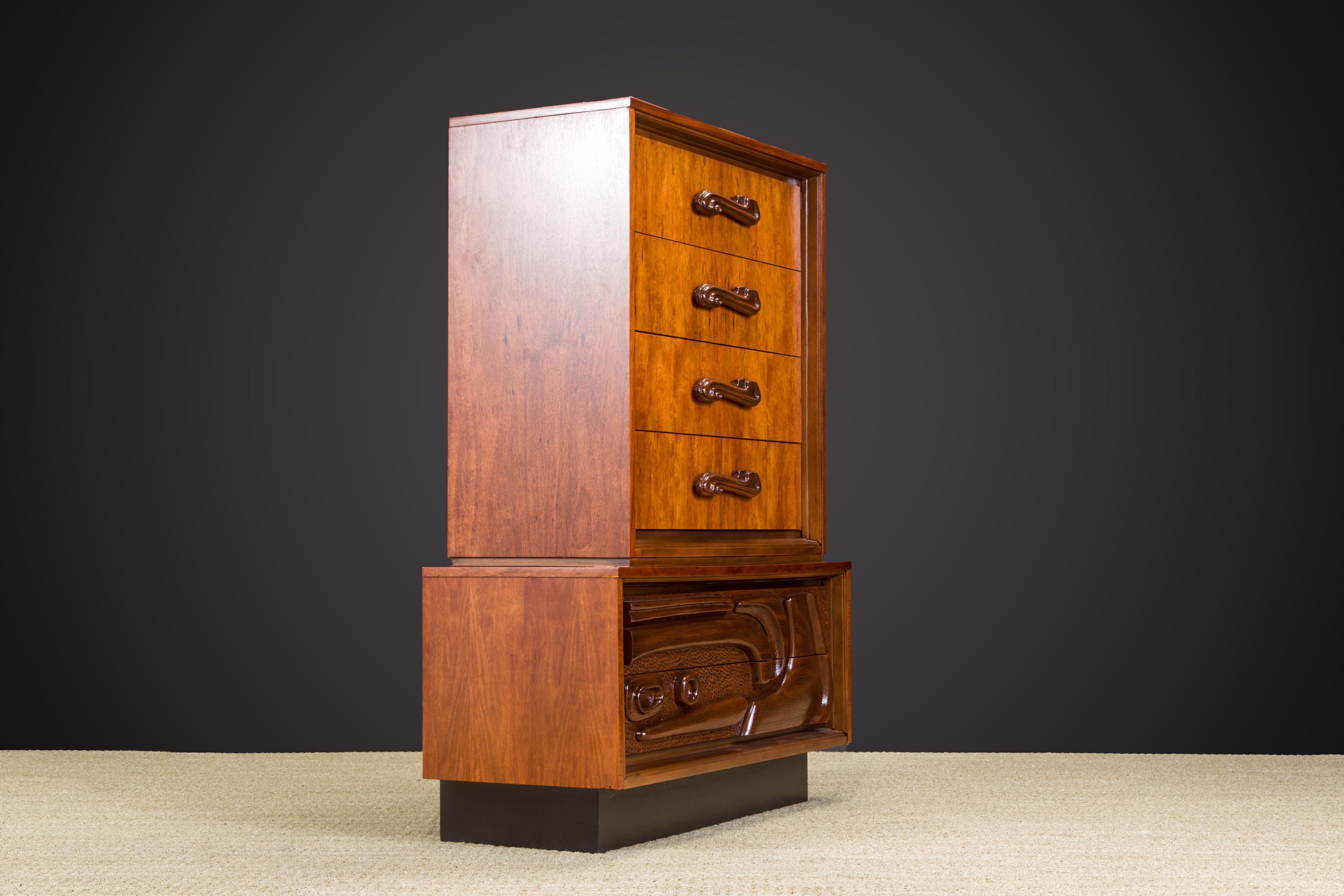 Oceanic Sculpted Walnut Highboy Dresser by Pulaski Furniture Co., circa 1969 In Excellent Condition In Los Angeles, CA