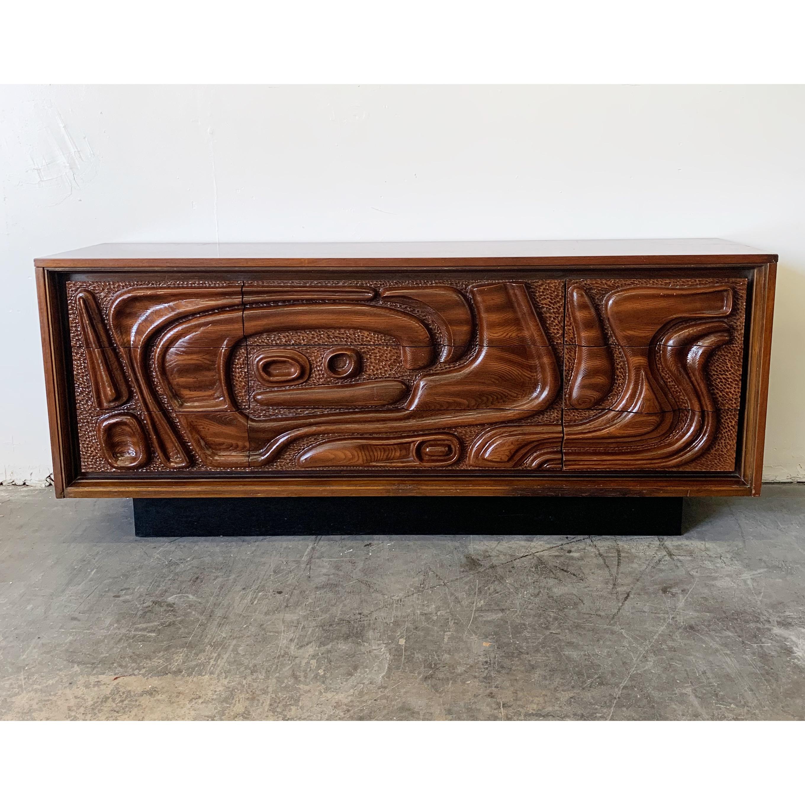 Lacquered Oceanic Sculpted Walnut Highboy Dresser by Pulaski Furniture Co., circa 1969