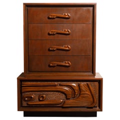 Oceanic Sculpted Walnut Highboy Dresser by Pulaski Furniture Co., circa 1969