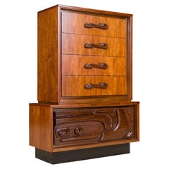 Oceanic Sculpted Walnut Highboy Chest Of Drawers by Pulaski Furniture Co., circa 1969