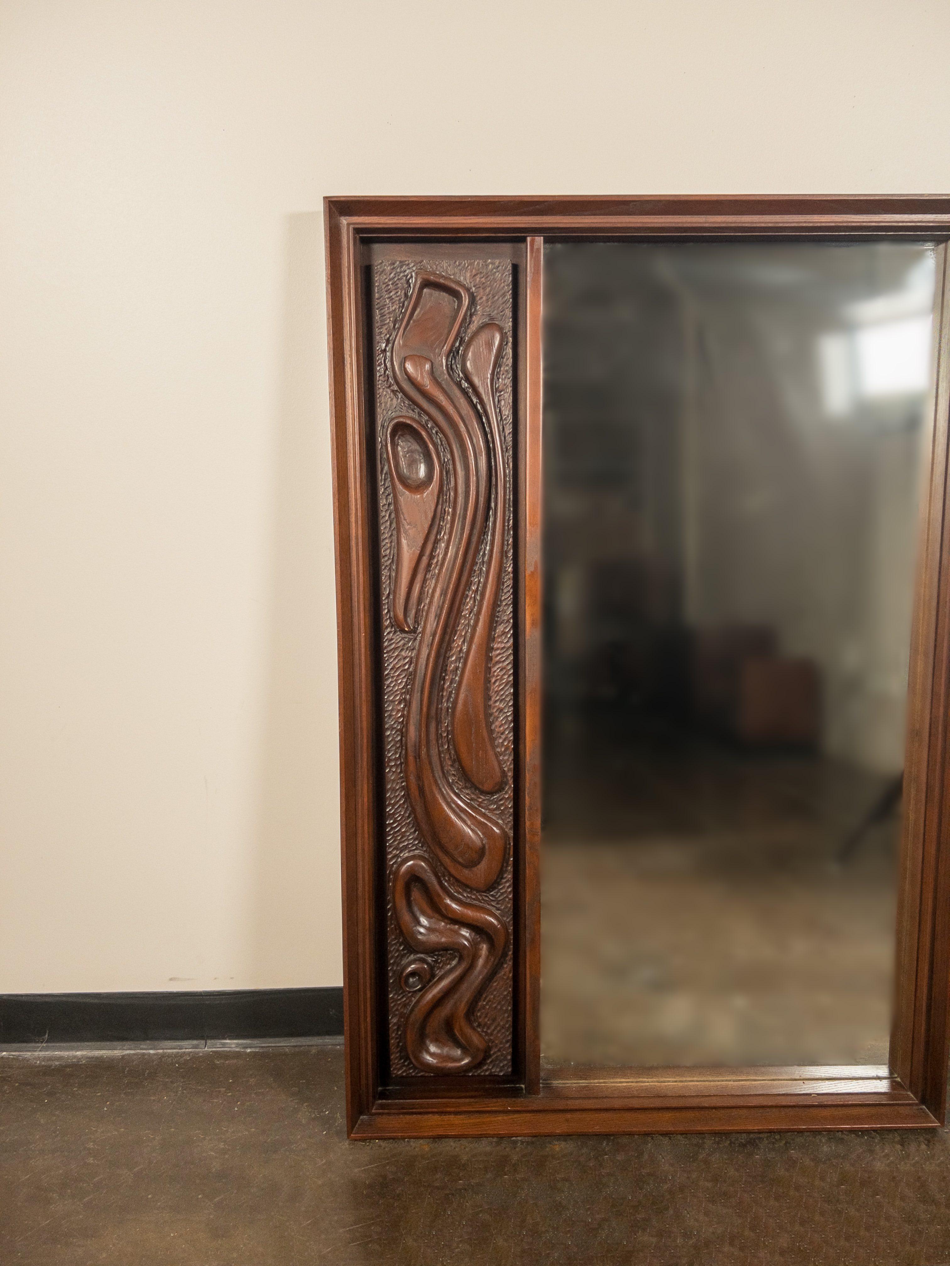 Mid-Century Modern Oceanic Sculpted Walnut Wall Mirror by Pulaski Furniture Co., circa 1969