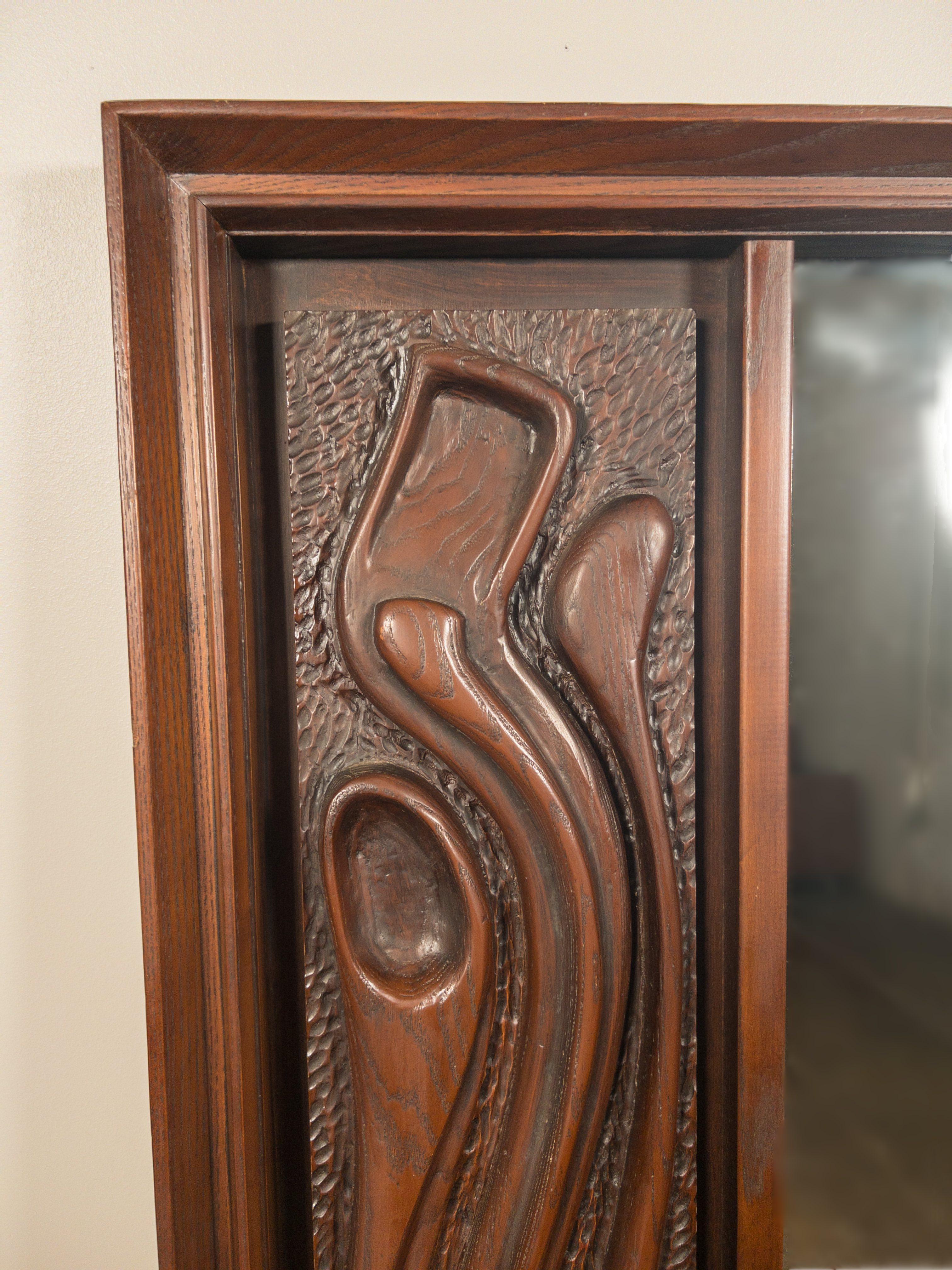 American Oceanic Sculpted Walnut Wall Mirror by Pulaski Furniture Co., circa 1969 For Sale