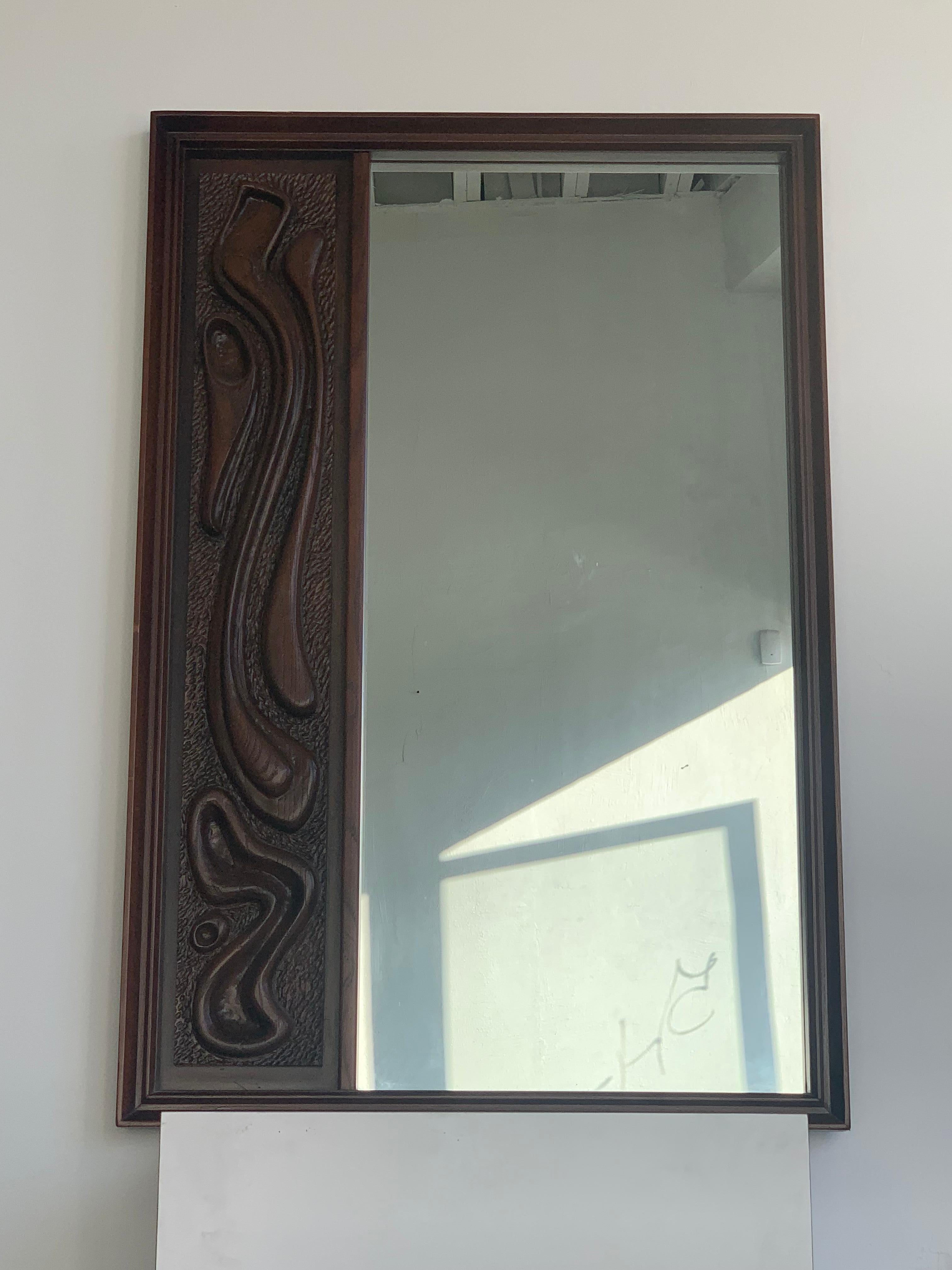 Lacquered Oceanic Sculpted Walnut Wall Mirror by Pulaski Furniture Co., circa 1969