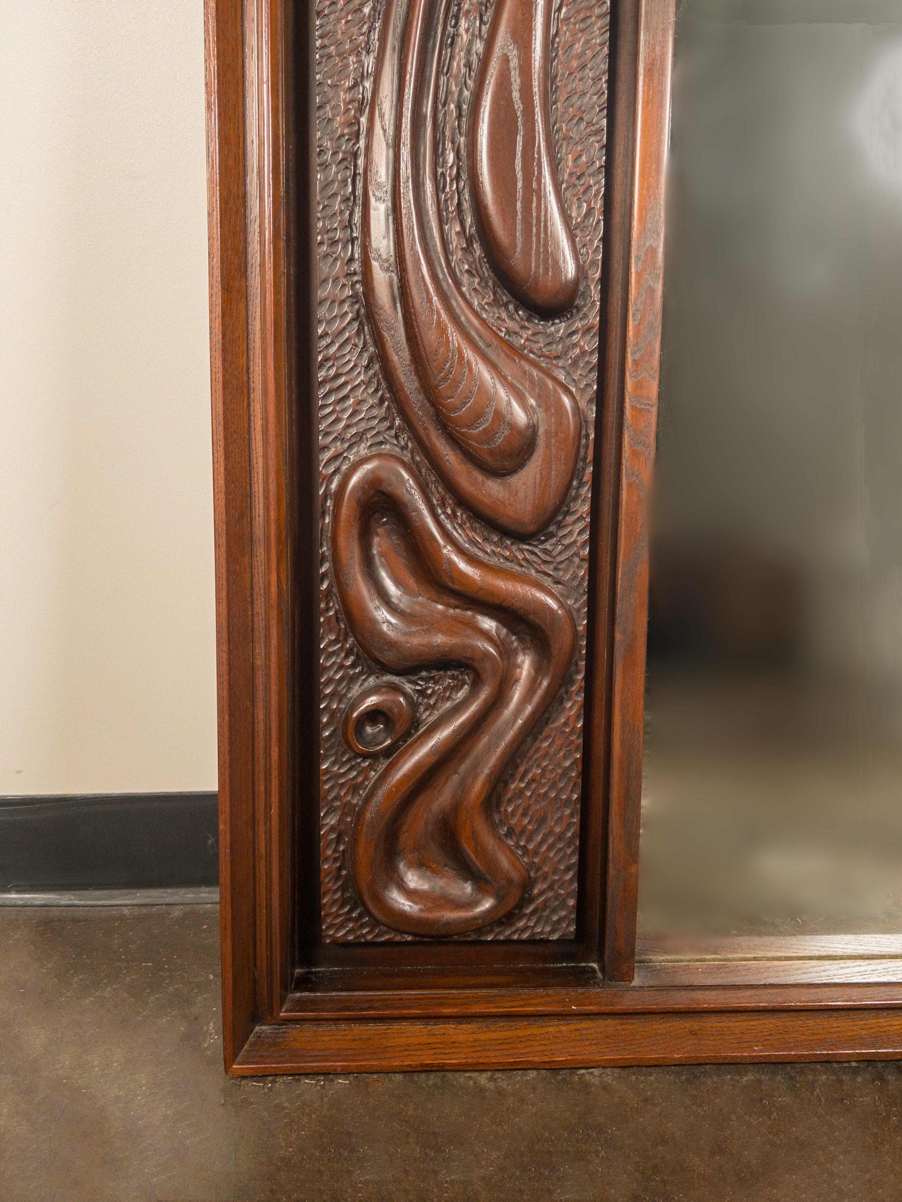 Lacquered Oceanic Sculpted Walnut Wall Mirror by Pulaski Furniture Co., circa 1969 For Sale