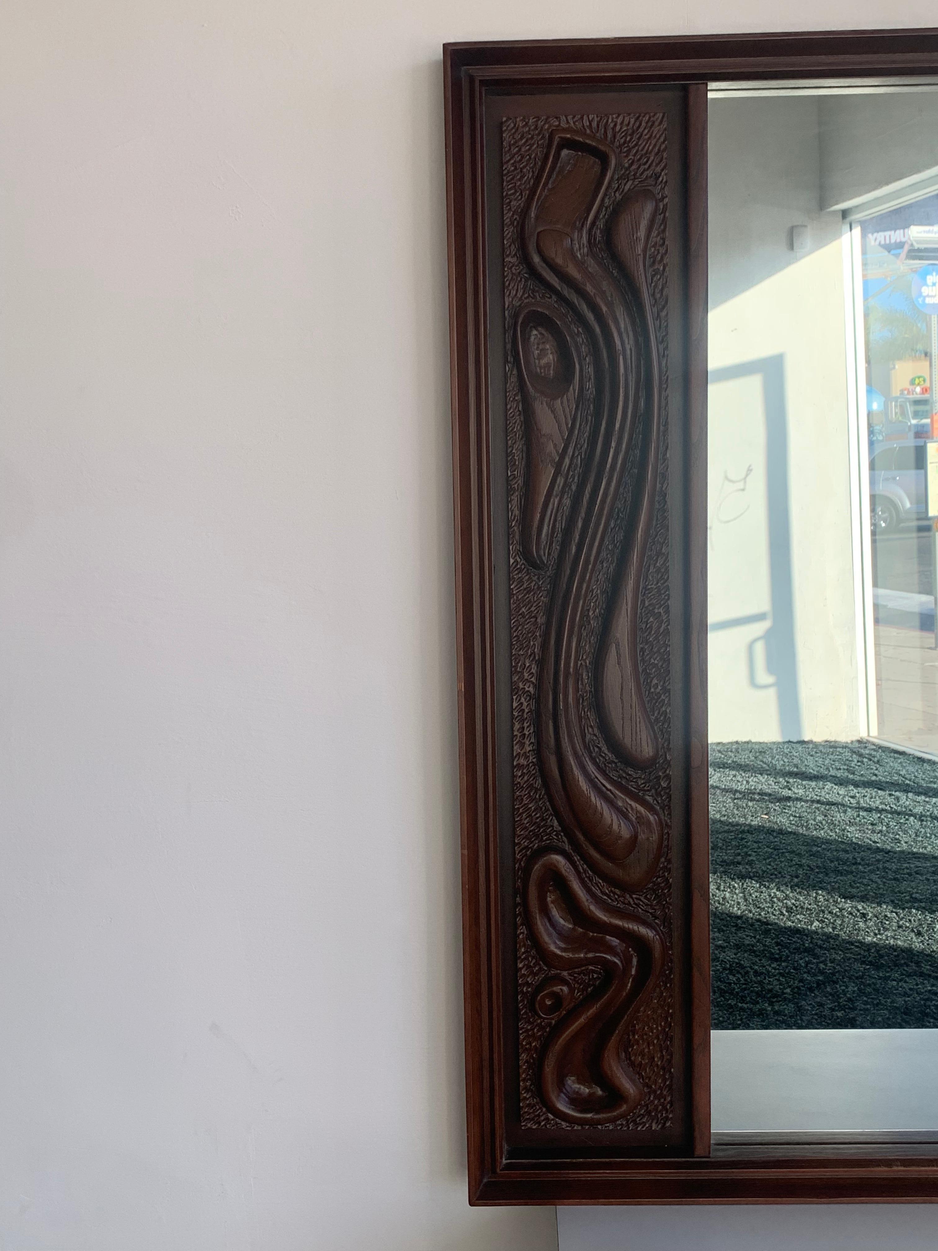 Oceanic Sculpted Walnut Wall Mirror by Pulaski Furniture Co., circa 1969 In Good Condition In Los Angeles, CA