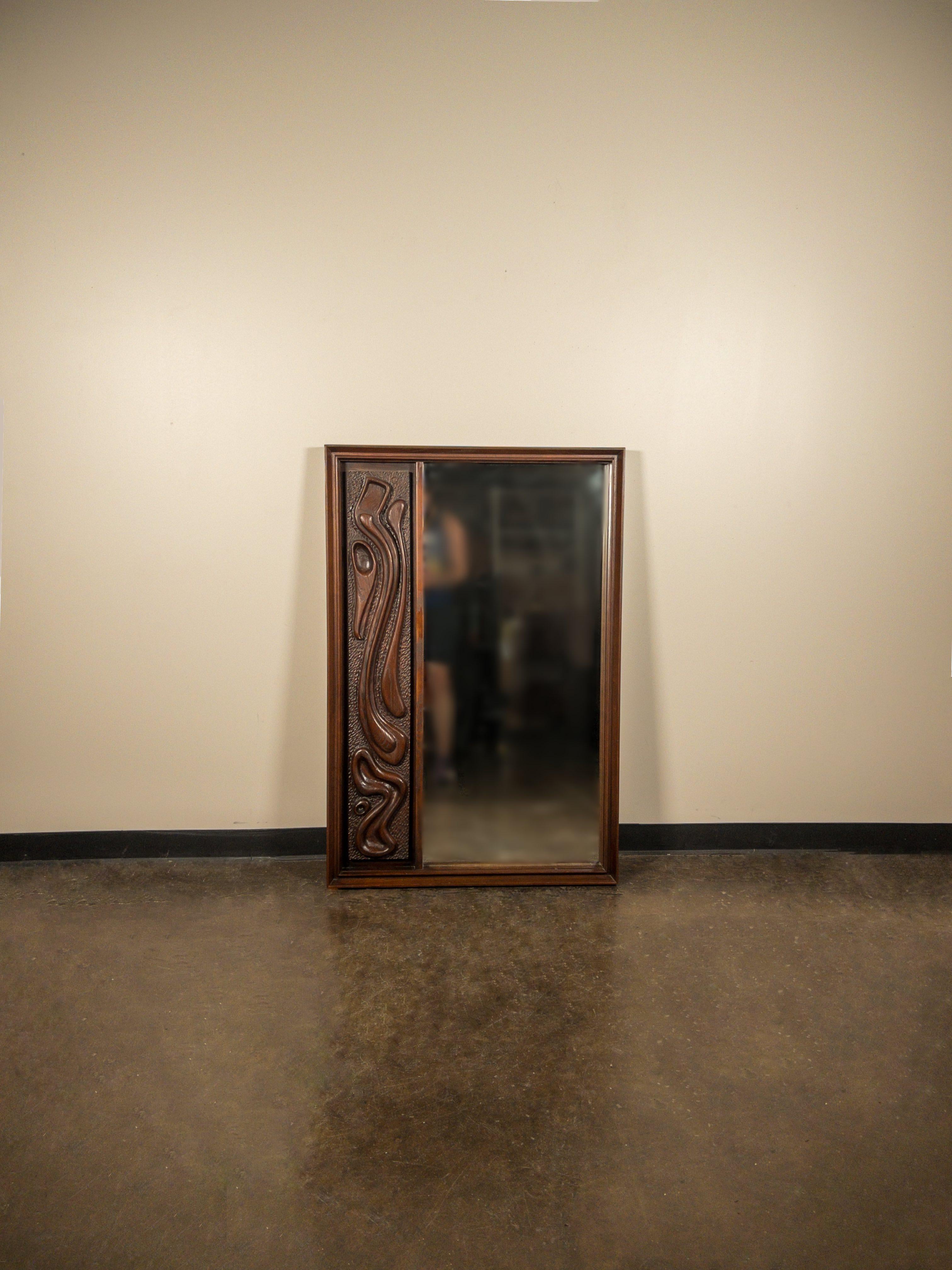 Oceanic Sculpted Walnut Wall Mirror by Pulaski Furniture Co., circa 1969 In Good Condition For Sale In Los Angeles, CA
