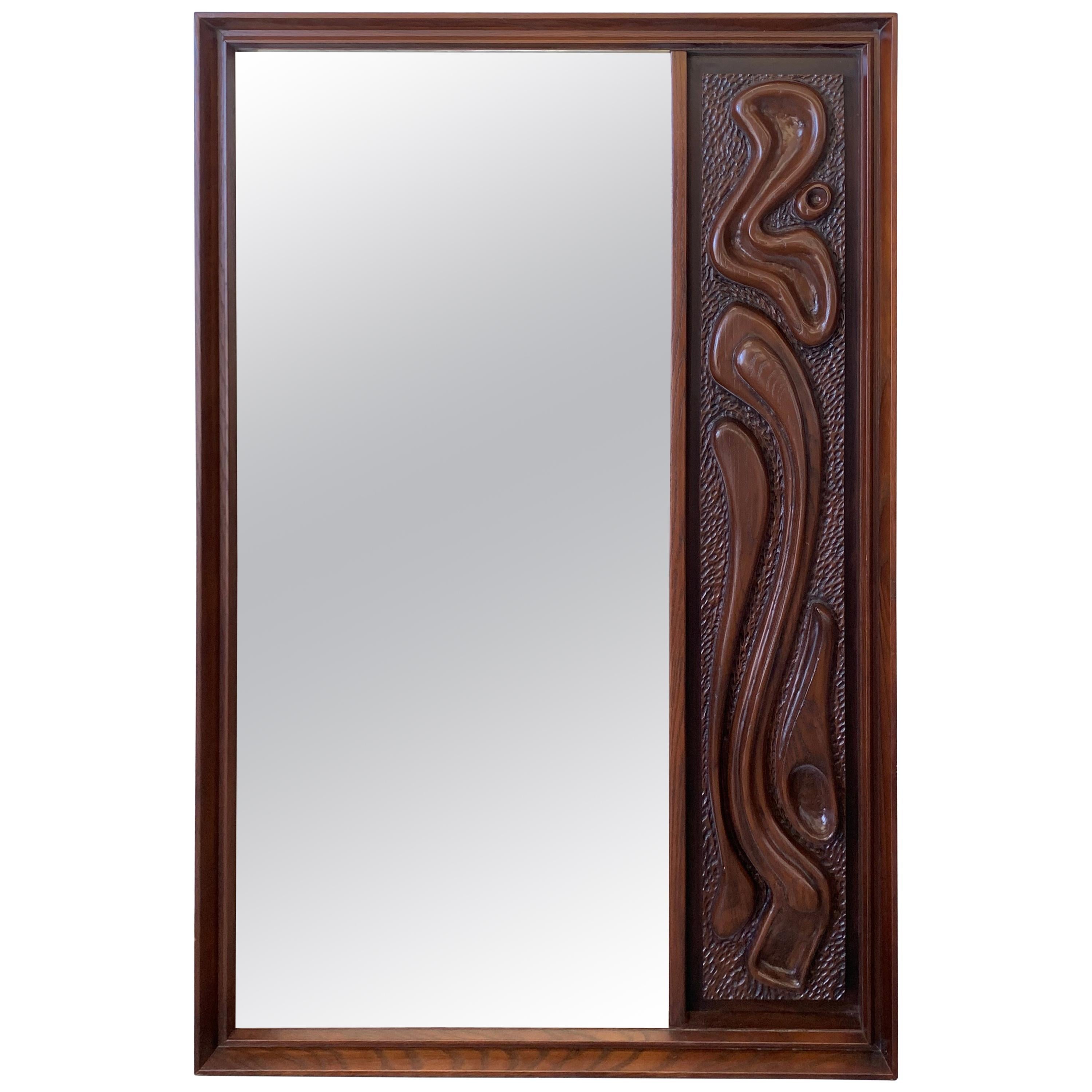 Oceanic Sculpted Walnut Wall Mirror by Pulaski Furniture Co., circa 1969