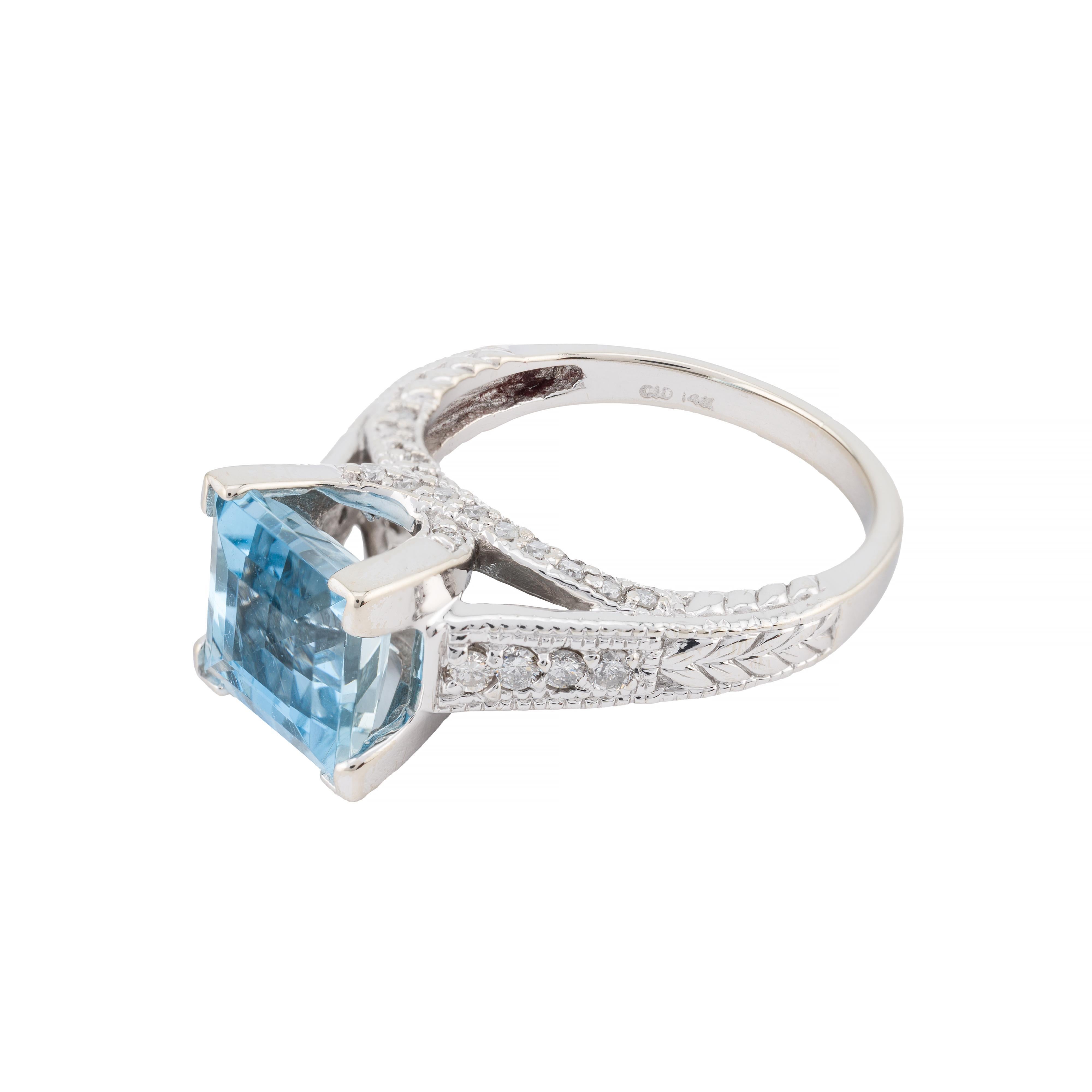 Art Deco Ocean's Blue 3.64ctw Step Cut Aquamarine & Diamond Ring in 14 Karat White Gold For Sale