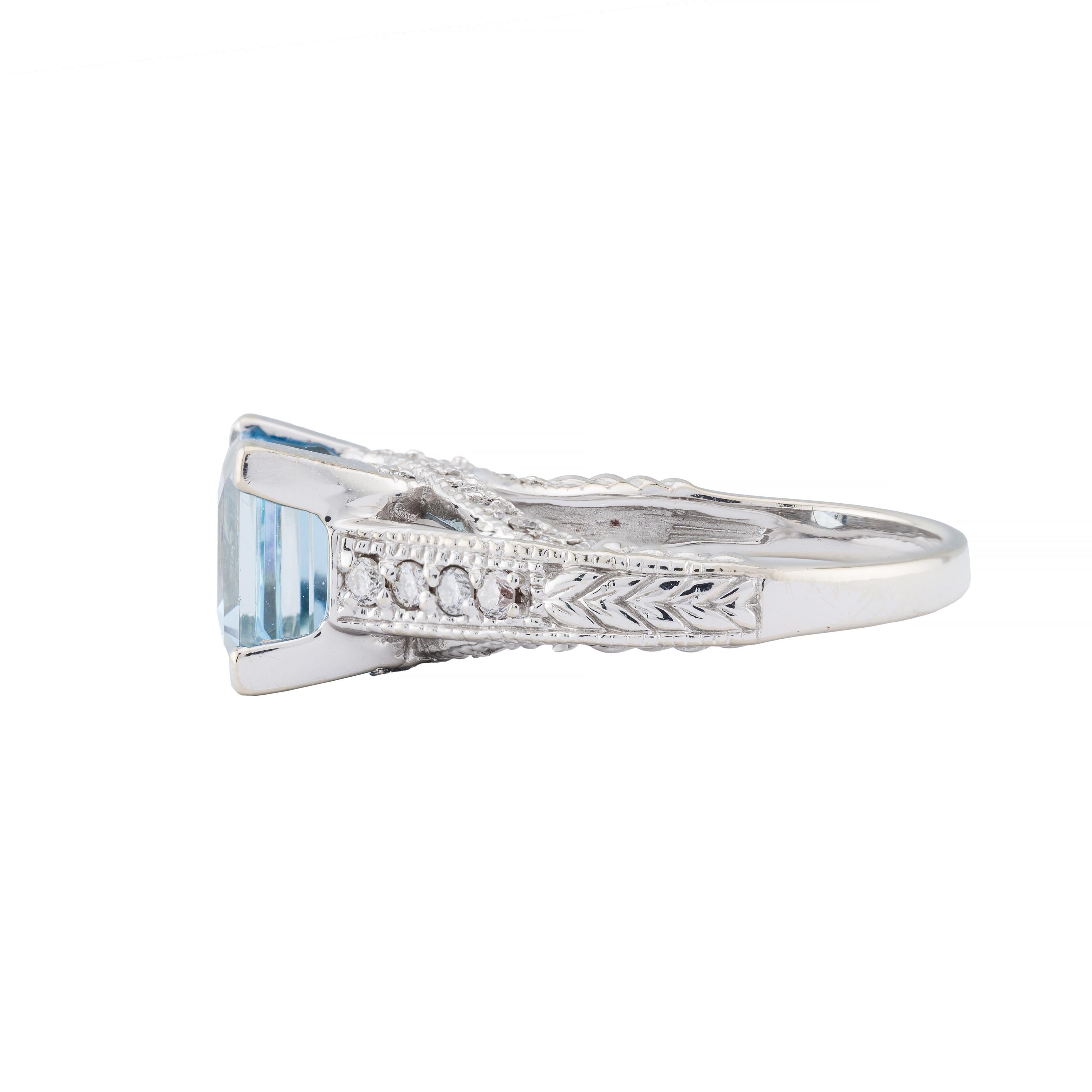 Asscher Cut Ocean's Blue 3.64ctw Step Cut Aquamarine & Diamond Ring in 14 Karat White Gold For Sale