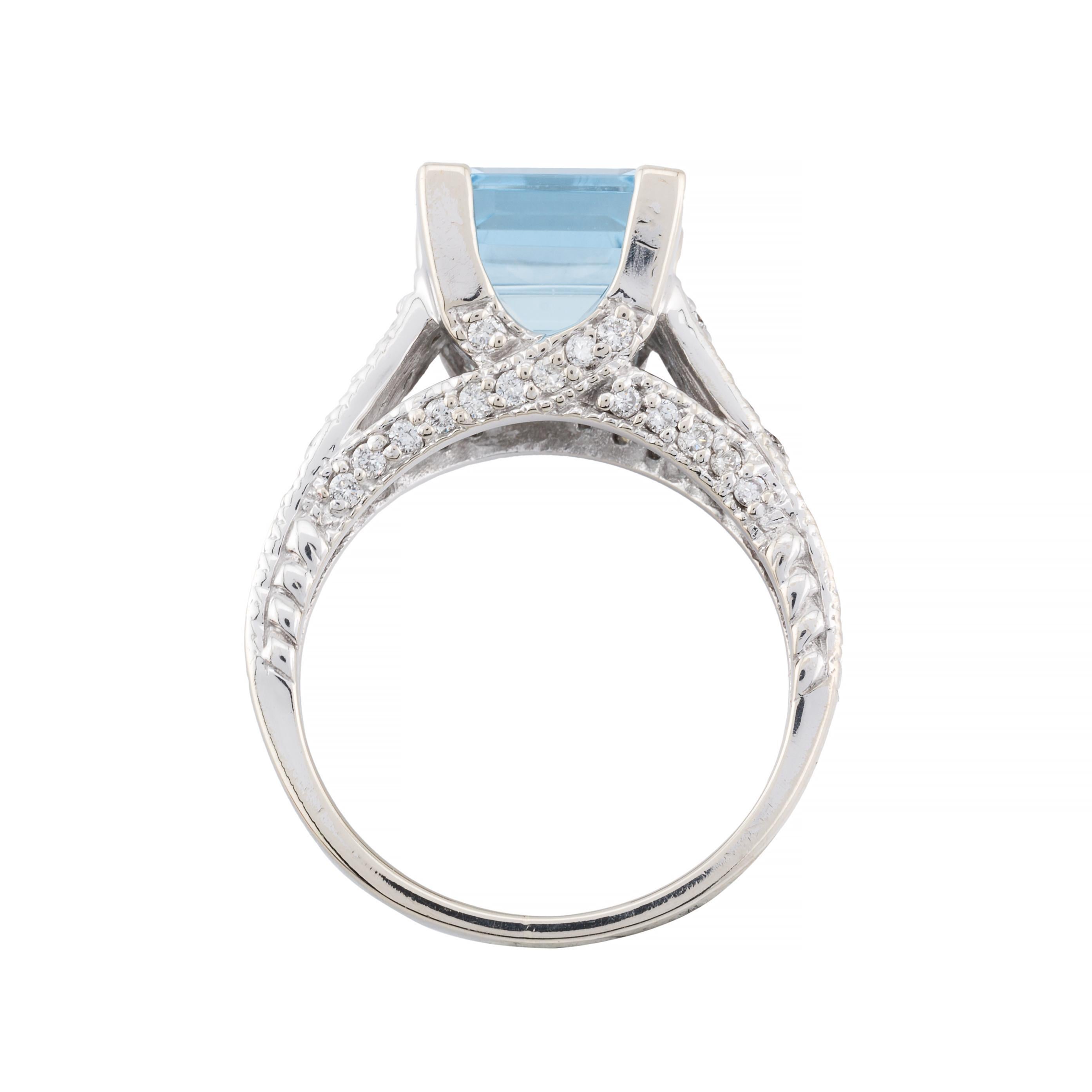 Ocean's Blue 3.64ctw Step Cut Aquamarine & Diamond Ring in 14 Karat White Gold In Excellent Condition For Sale In Boston, MA