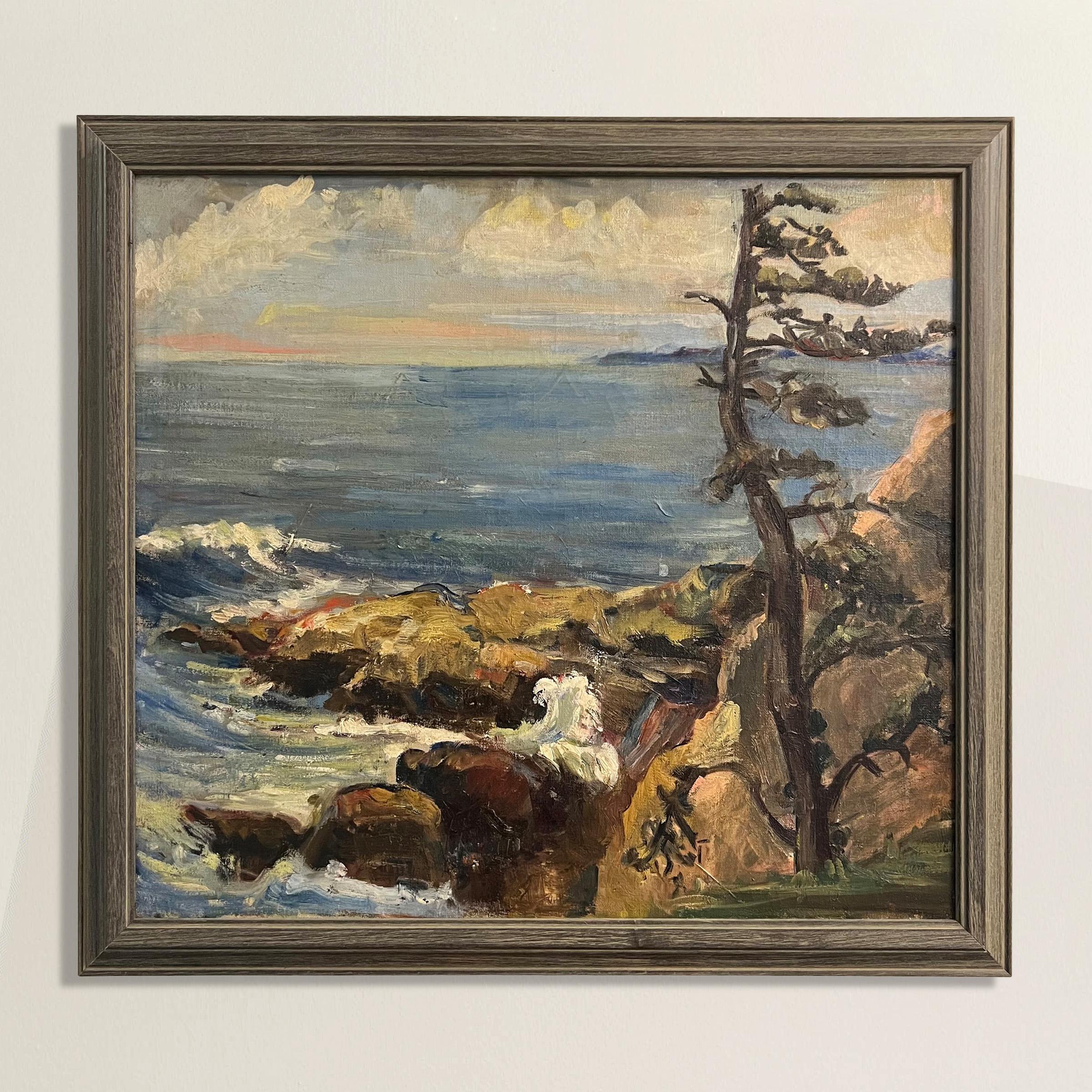 Immerse yourself in the raw beauty of nature with this striking 20th century American plein air oil painting. The tumultuous ocean cliff-side landscape takes center stage, portraying the untamed power of the sea. In the foreground, a contorted pine