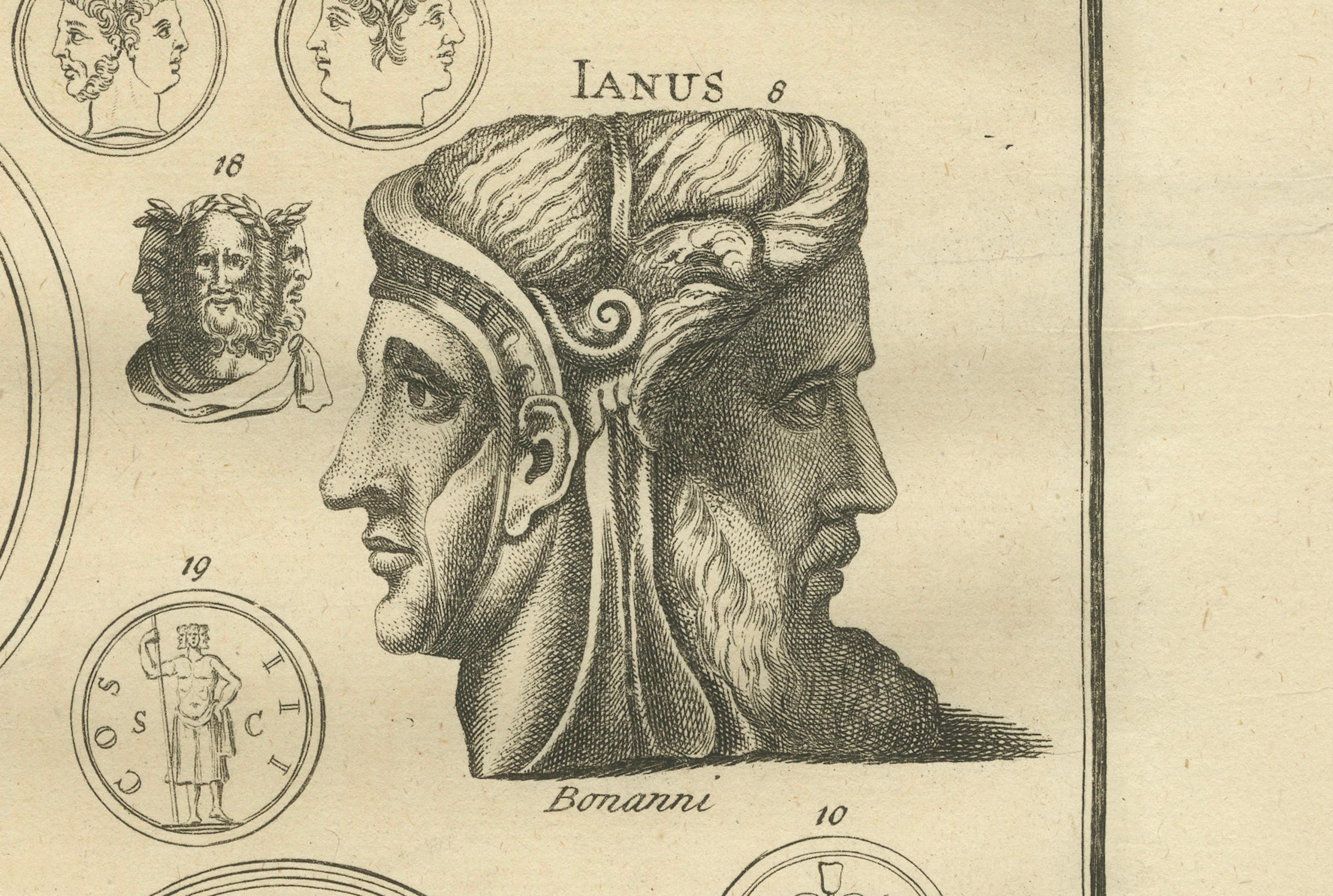 Oceanus, Saturn, Prometheus and Janus – Roman Mythology Engraving, c.1721