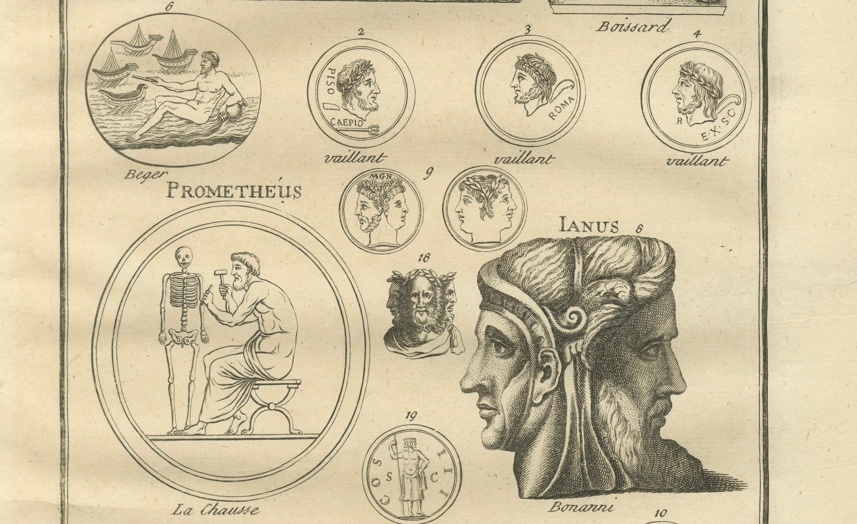 Oceanus, Saturn, Prometheus and Janus – Roman Mythology Engraving, c.1721
