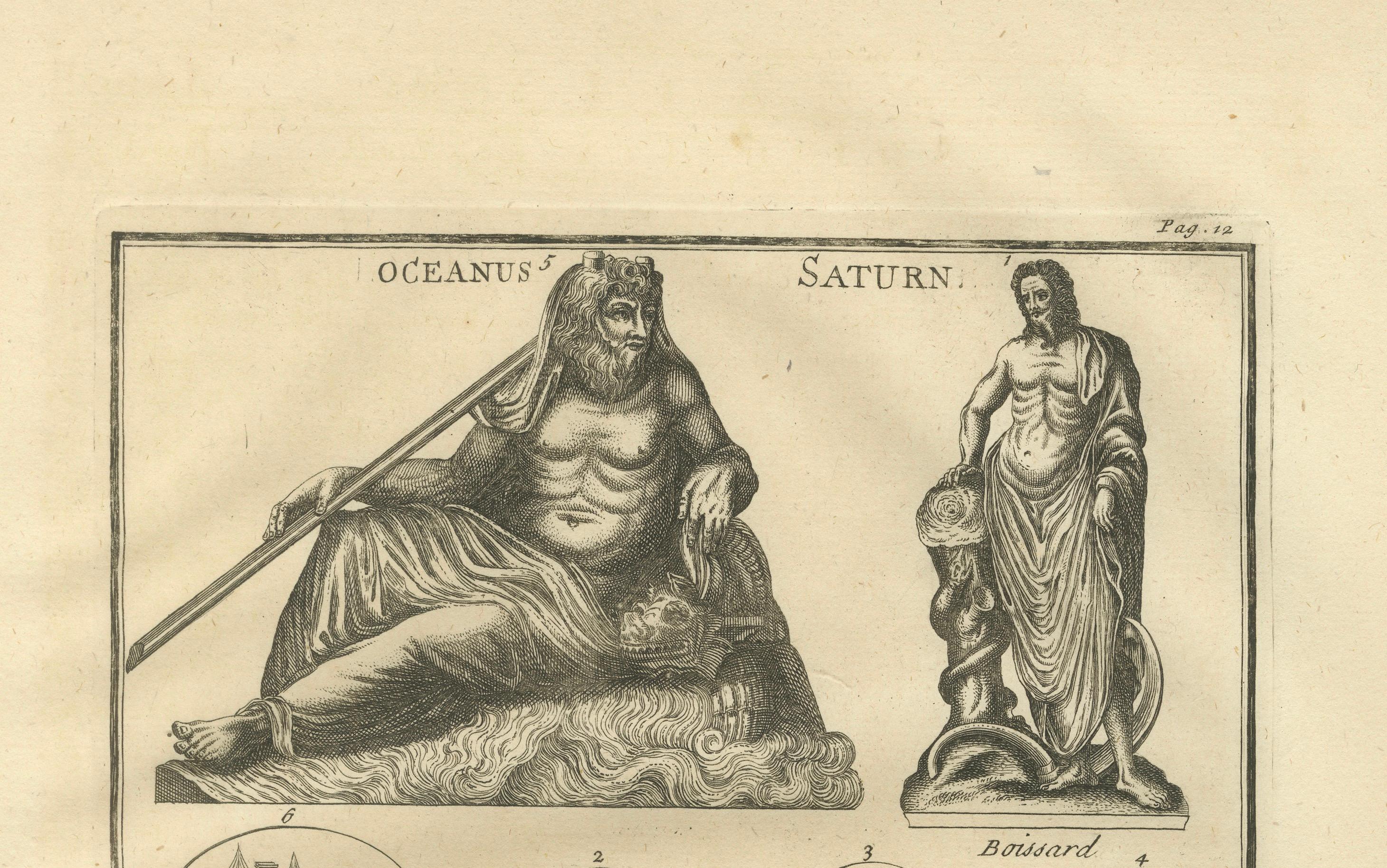 Oceanus, Saturn, Prometheus and Janus – Roman Mythology Engraving, c.1721
