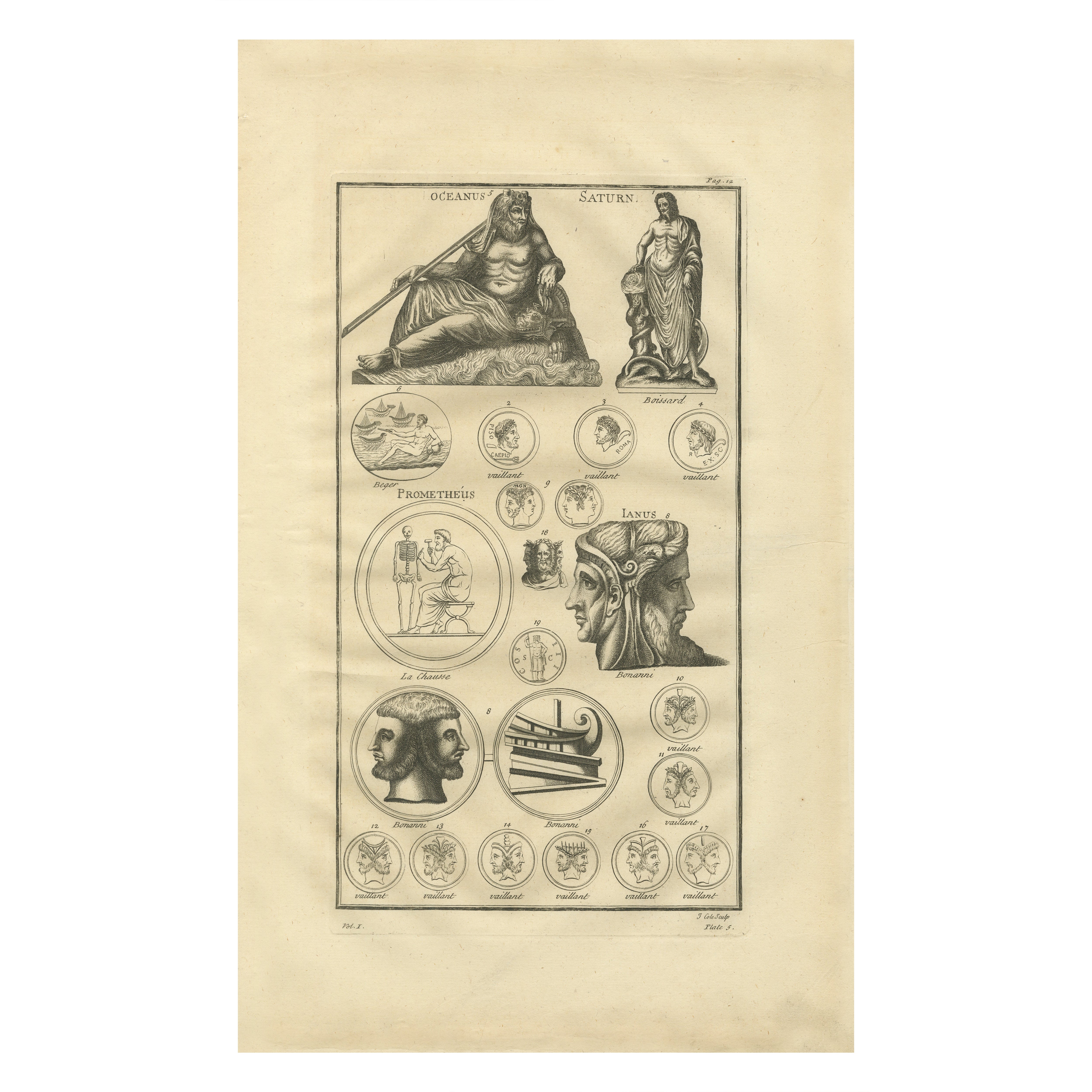 Oceanus, Saturn, Prometheus and Janus – Roman Mythology Engraving, c.1721 For Sale