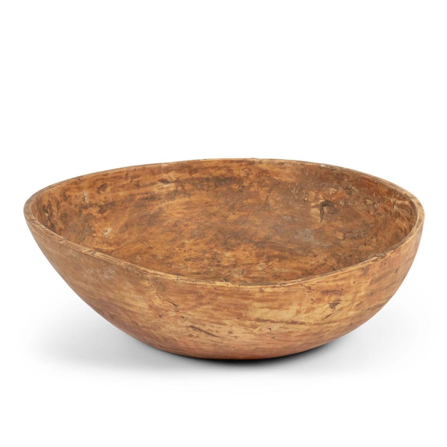 Primitive Ocher Color Rustic Swedish Wooden Dug Out Bowl For Sale