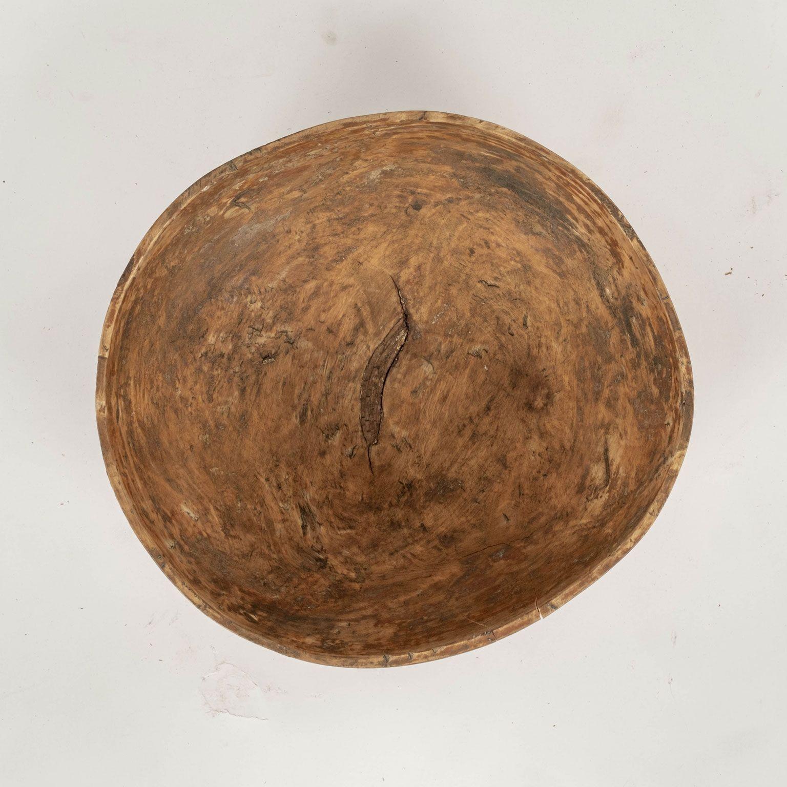 Hand-Painted Ocher Color Rustic Swedish Wooden Dug Out Bowl For Sale